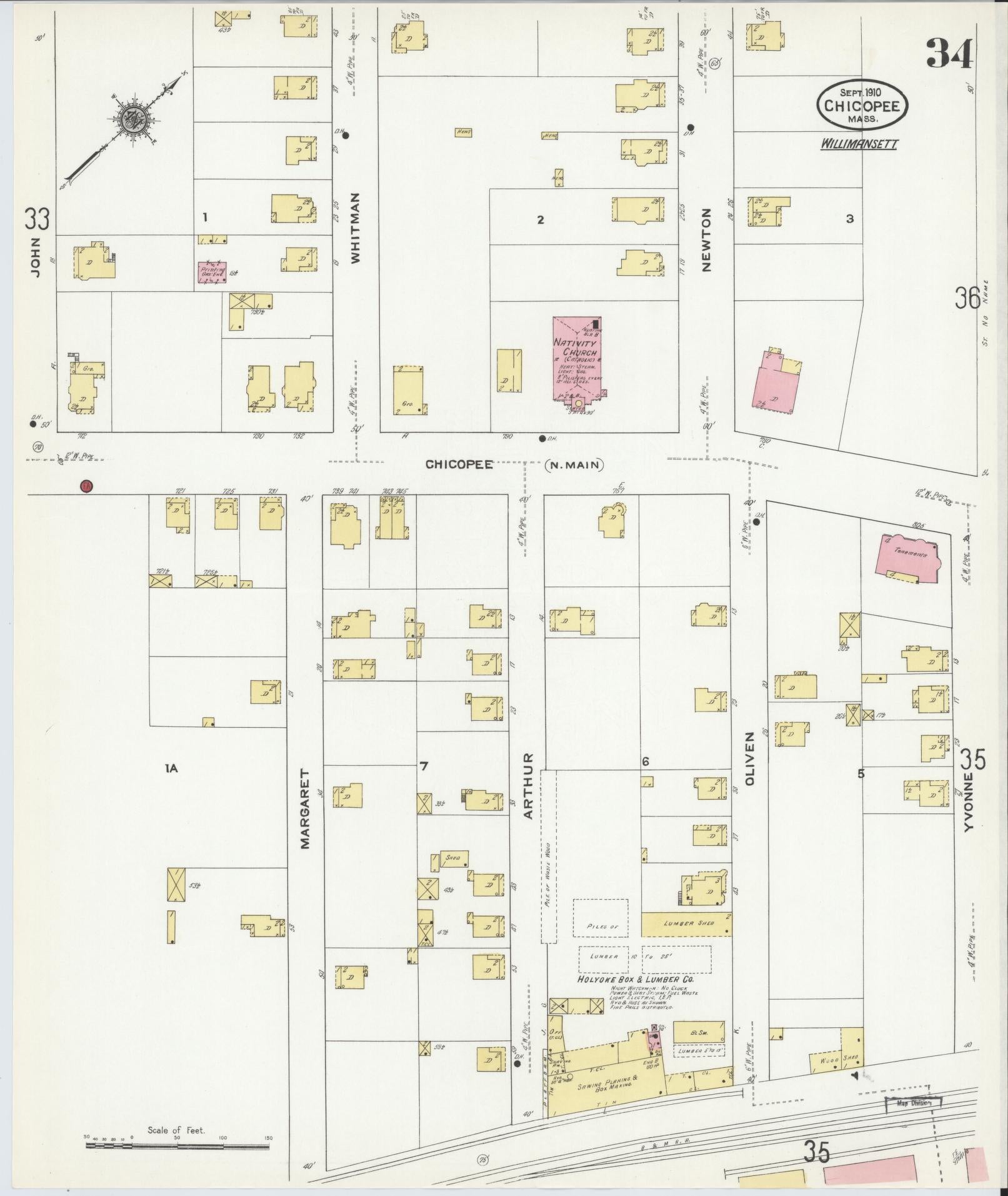 Sanborn Fire Insurance Map from Chicopee, Hampden County, Massachusetts (1910), Sheet #0034 - Historic Sanborn Fire Insurance Map Print, vintage old map wall art, antique decor, genealogy gift, Massachusetts Massachusetts map