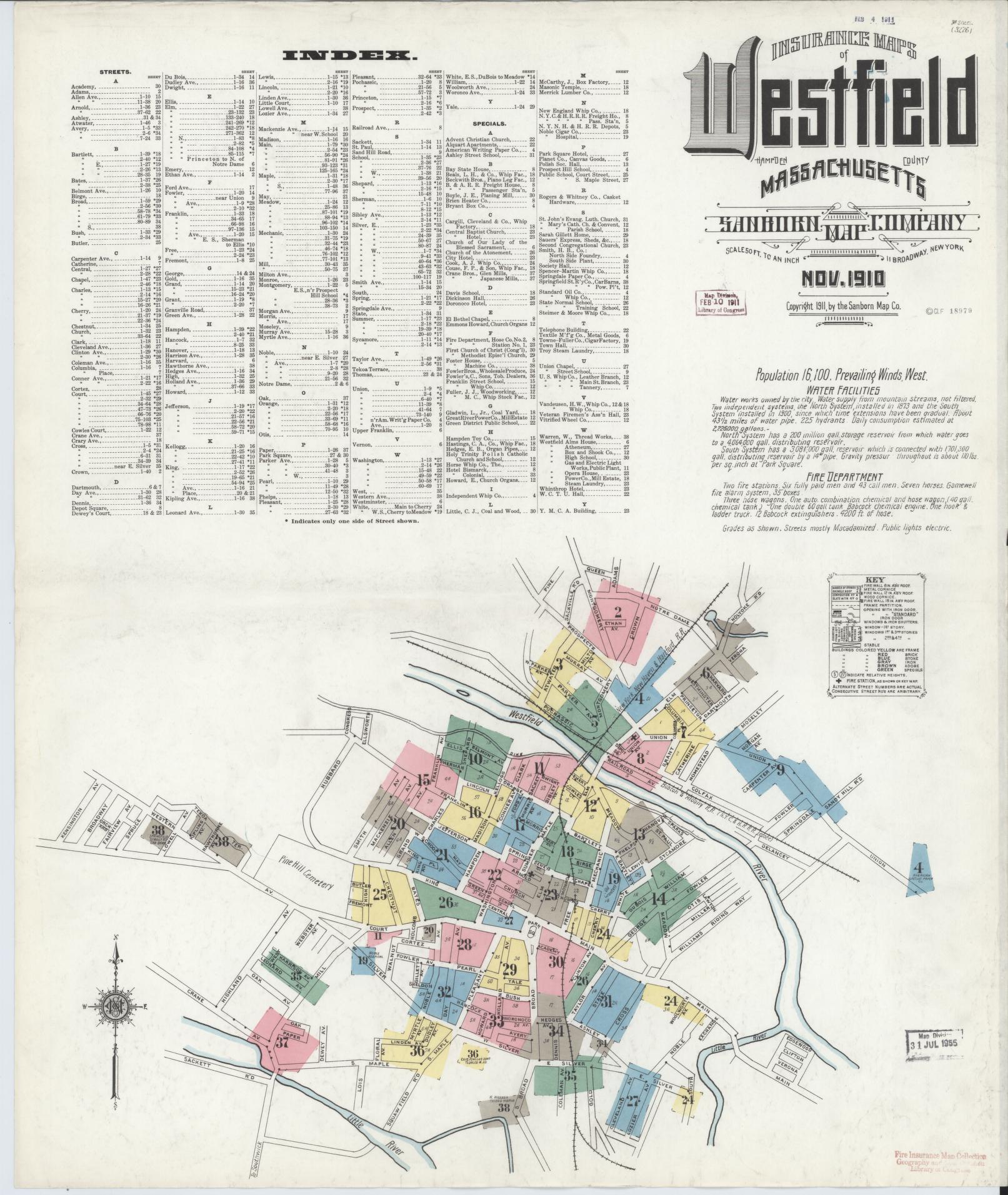 Sanborn Fire Insurance Map from Westfield, Hampden County, Massachusetts. (1910) – Historic Sanborn Fire Insurance Map Print