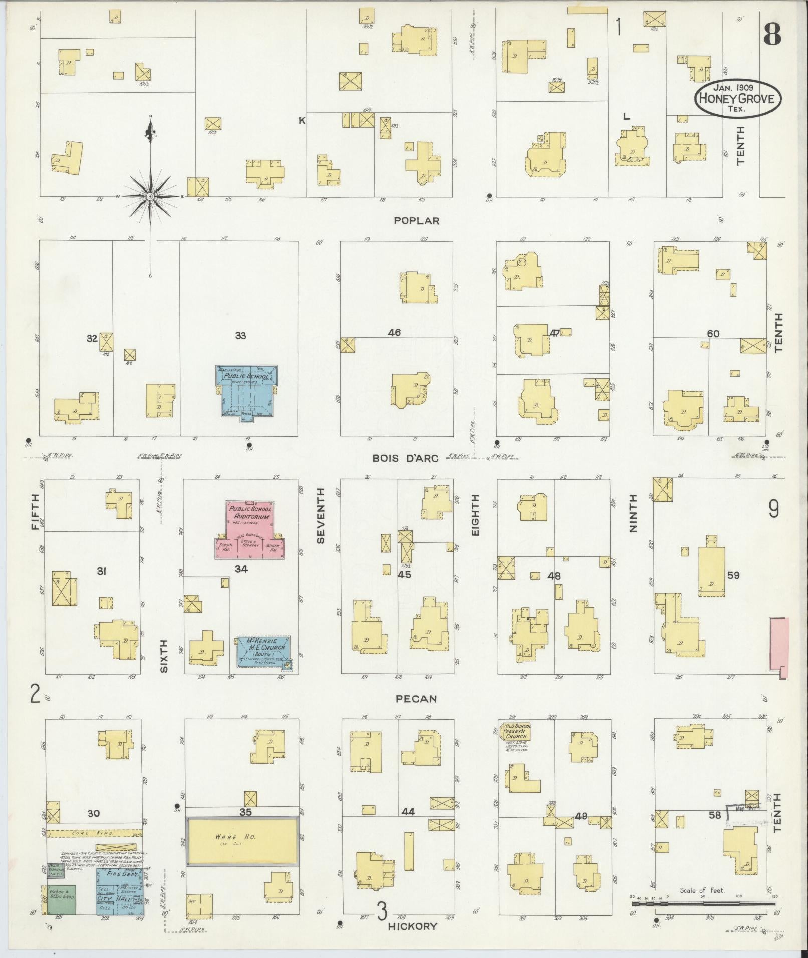 Sanborn Fire Insurance Map from Honey Grove, Fannin County, Texas (1909), Sheet #0008 - Complete Map Set gallery image, historic Sanborn map, vintage wall art, Texas Texas