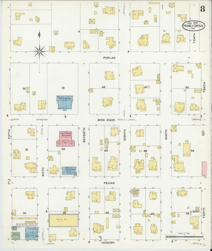 Sanborn Fire Insurance Map from Honey Grove, Fannin County, Texas (1909), Sheet #0008 - Complete Map Set gallery image, historic Sanborn map, vintage wall art, Texas Texas
