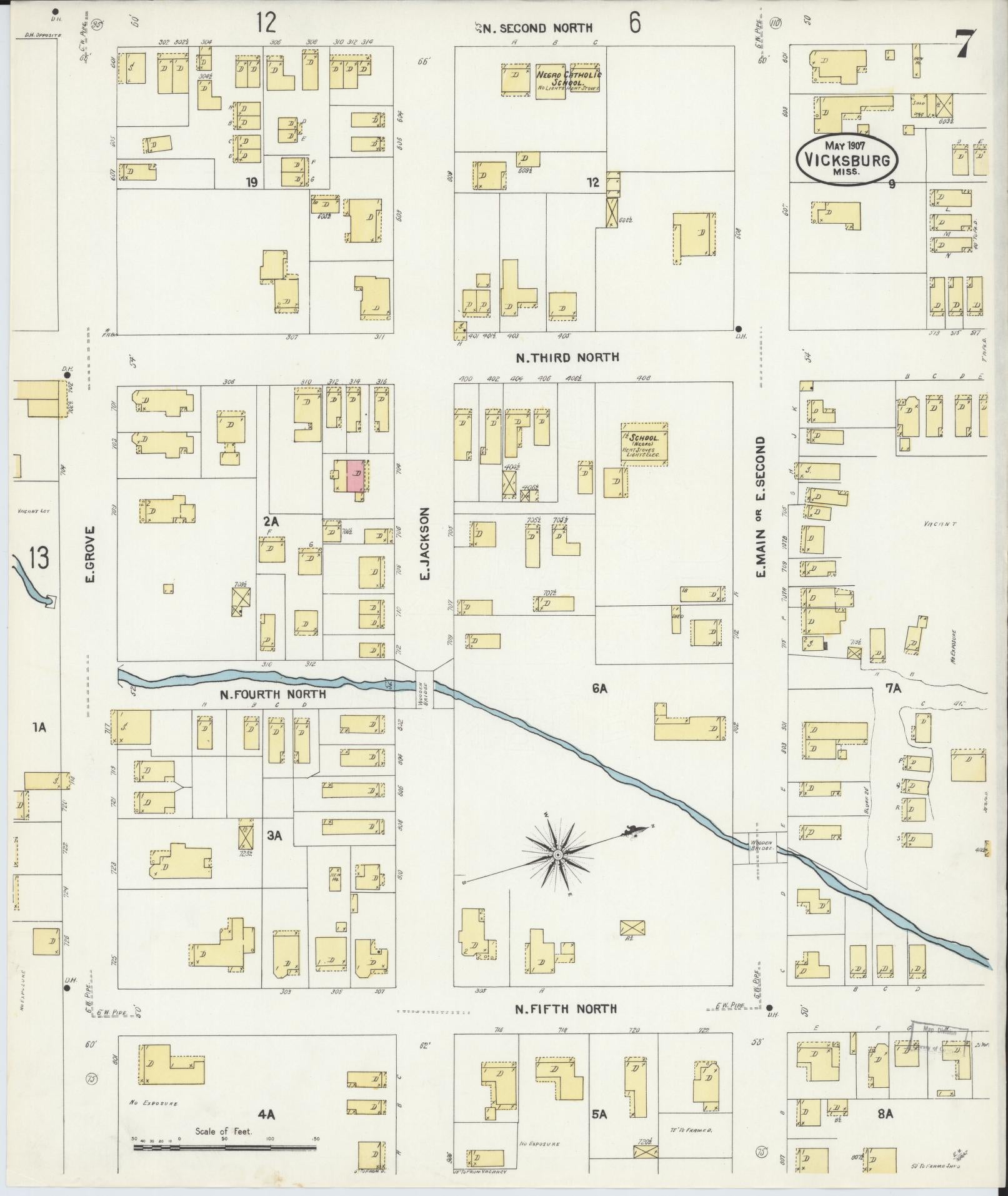 Sanborn Fire Insurance Map from Vicksburg, Warren County, Mississippi (1907), Sheet #0007 - Historic Sanborn Fire Insurance Map Print, vintage old map wall art, antique decor, genealogy gift, Mississippi Mississippi map