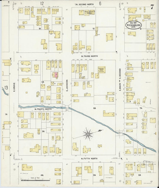 Sanborn Fire Insurance Map from Vicksburg, Warren County, Mississippi (1907), Sheet #0007 - Historic Sanborn Fire Insurance Map Print, vintage old map wall art, antique decor, genealogy gift, Mississippi Mississippi map