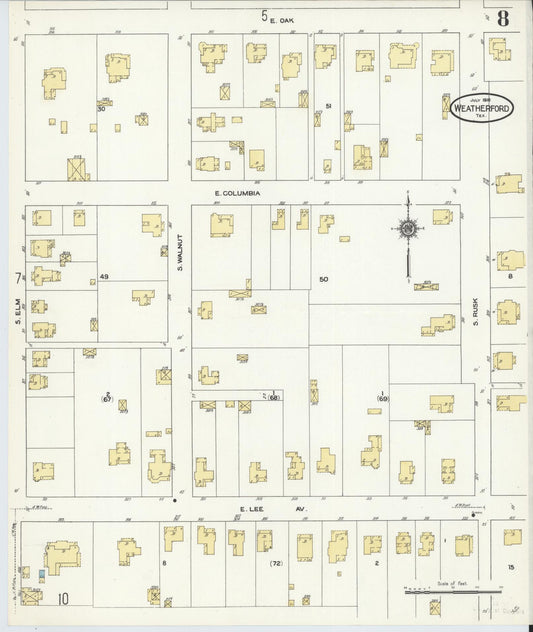 Sanborn Fire Insurance Map from Weatherford, Parker County, Texas (1910), Sheet #0008 - Historic Sanborn Fire Insurance Map Print, vintage old map wall art, antique decor, genealogy gift, Texas Texas map