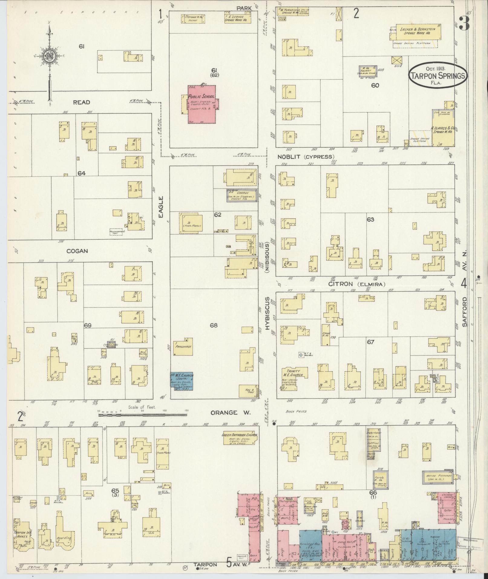 Sanborn Fire Insurance Map from Tarpon Springs, Pinellas County, Florida (1913), Sheet #0003 - Complete Map Set gallery image, historic Sanborn map, vintage wall art, Florida Florida