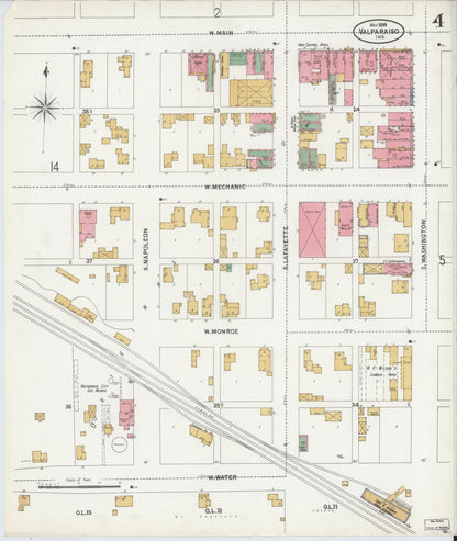 Sanborn Fire Insurance Map from Valparaiso, Porter County, Indiana (1899), Sheet #0004 - Historic Sanborn Fire Insurance Map Print, vintage old map wall art, antique decor, genealogy gift, Indiana Indiana map