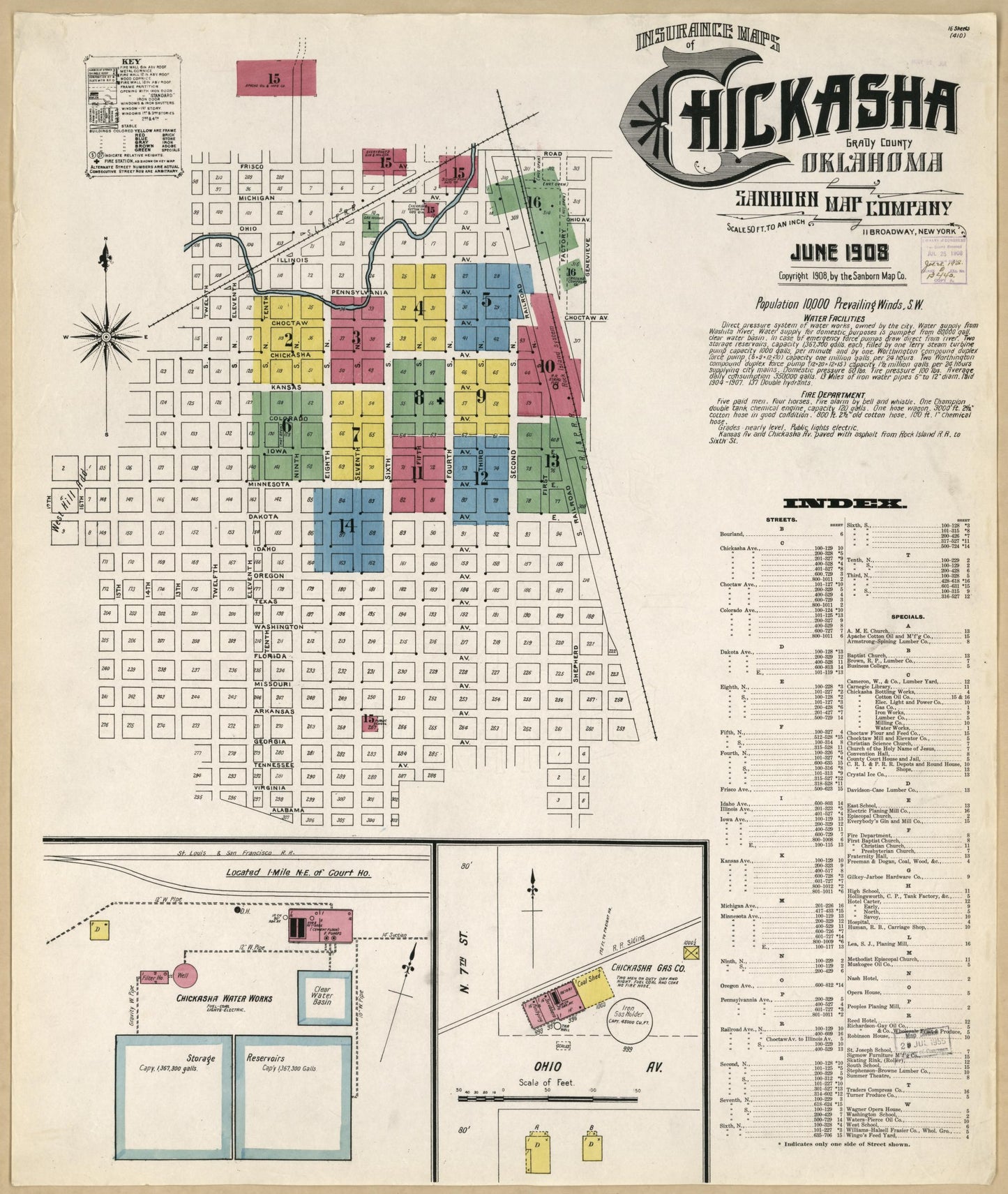 Sanborn Fire Insurance Map from Chickasha, Grady County, Oklahoma (1908), Sheet #0001 - Historic Sanborn Fire Insurance Map Print, vintage old map wall art, antique decor, genealogy gift, Oklahoma Oklahoma map