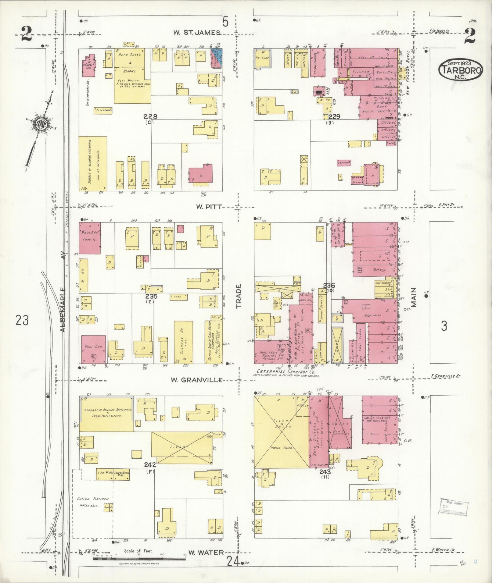 Sanborn Fire Insurance Map from Tarboro, Edgecombe County, North Carolina (1923), Sheet #0002 - Complete Map Set gallery image, historic Sanborn map, vintage wall art, North Carolina North Carolina