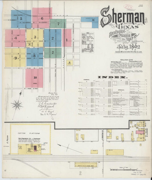 Sanborn Fire Insurance Map from Sherman, Grayson County, Texas (1892), Sheet #0001 - Historic Sanborn Fire Insurance Map Print, vintage old map wall art, antique decor, genealogy gift, Texas Texas map