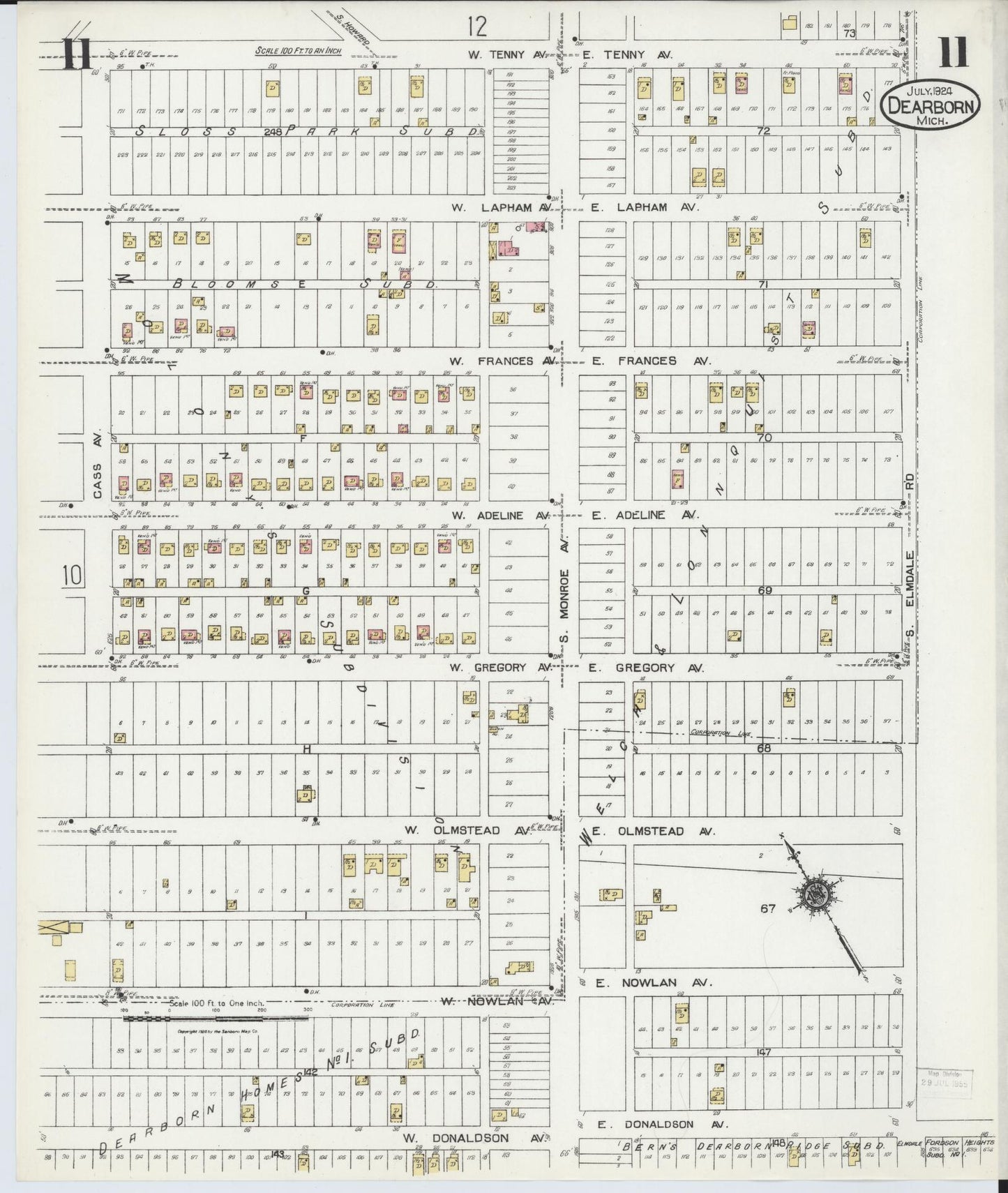 Sanborn Fire Insurance Map from Dearborn, Wayne County, Michigan (1924), Sheet #0011 - Historic Sanborn Fire Insurance Map Print, vintage old map wall art, antique decor, genealogy gift, Michigan Michigan map