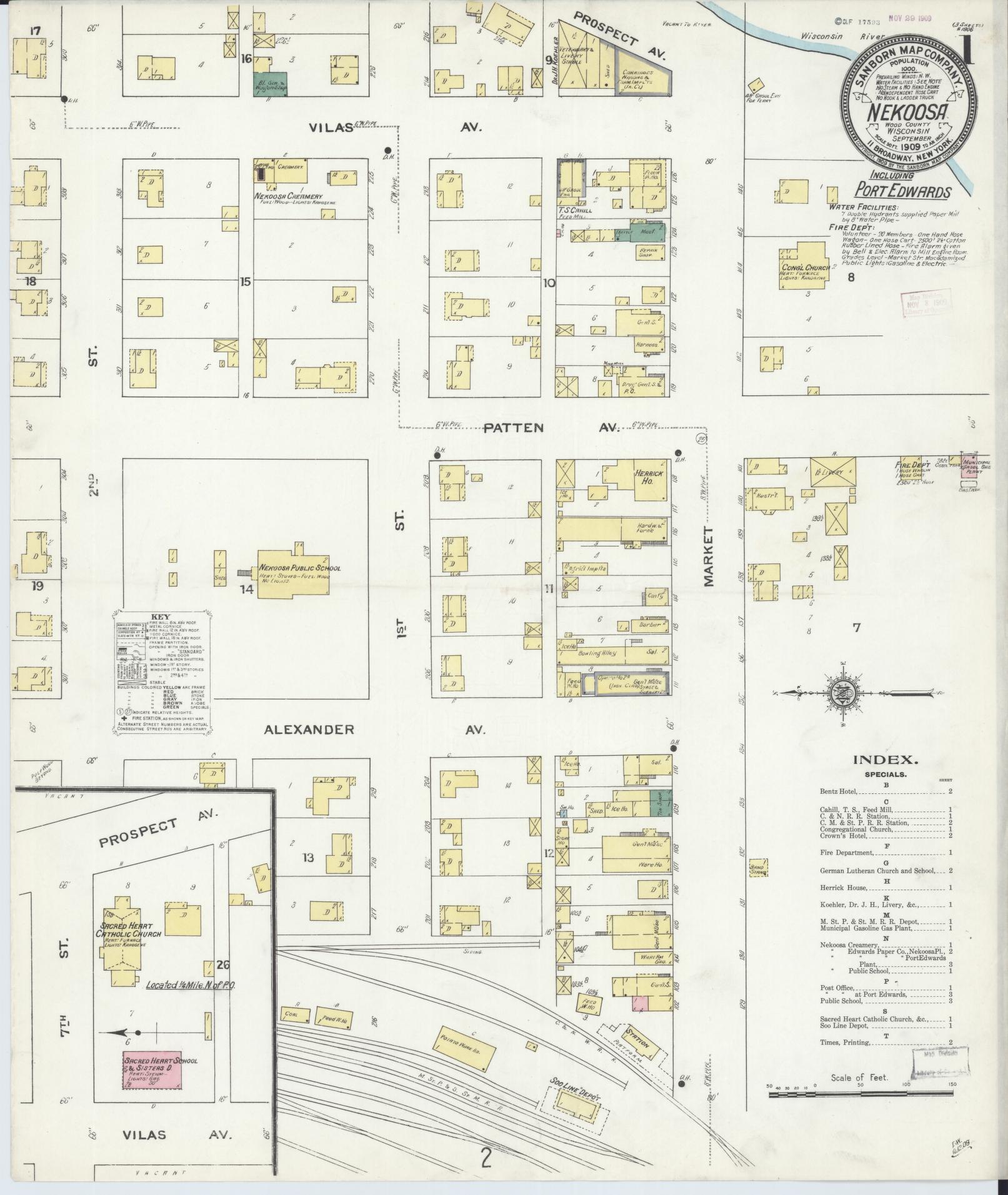 Sanborn Fire Insurance Map from Nekoosa, Wood County, Wisconsin (1909), Sheet #0001 - Complete Map Set gallery image, historic Sanborn map, vintage wall art, Wisconsin Wisconsin