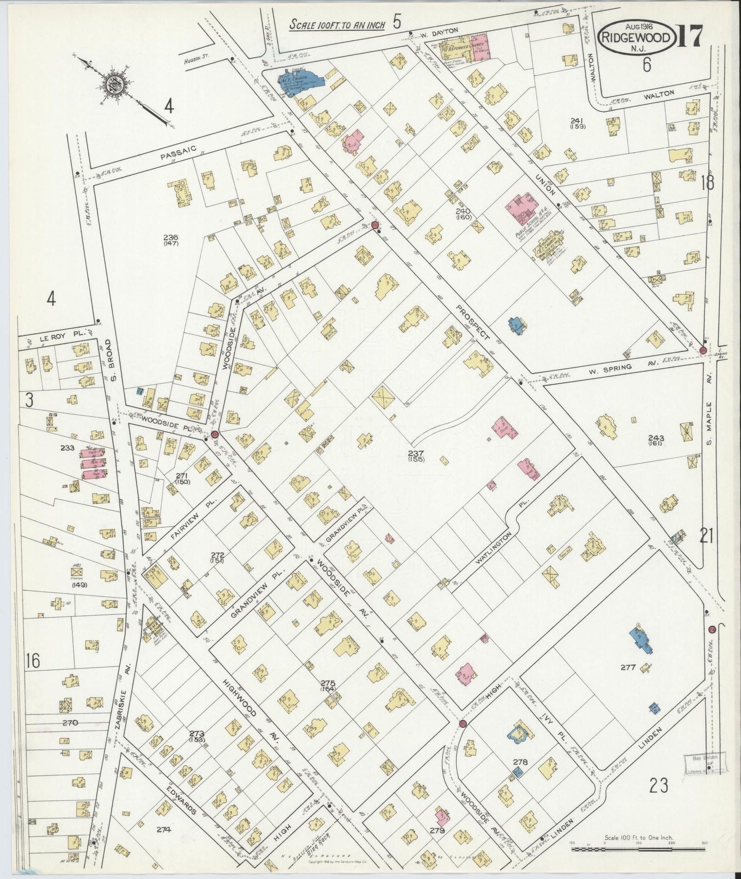 Sanborn Fire Insurance Map from Ridgewood, Bergen County, New Jersey (1916), Sheet #0017 - Complete Map Set gallery image, historic Sanborn map, vintage wall art, New Jersey New Jersey