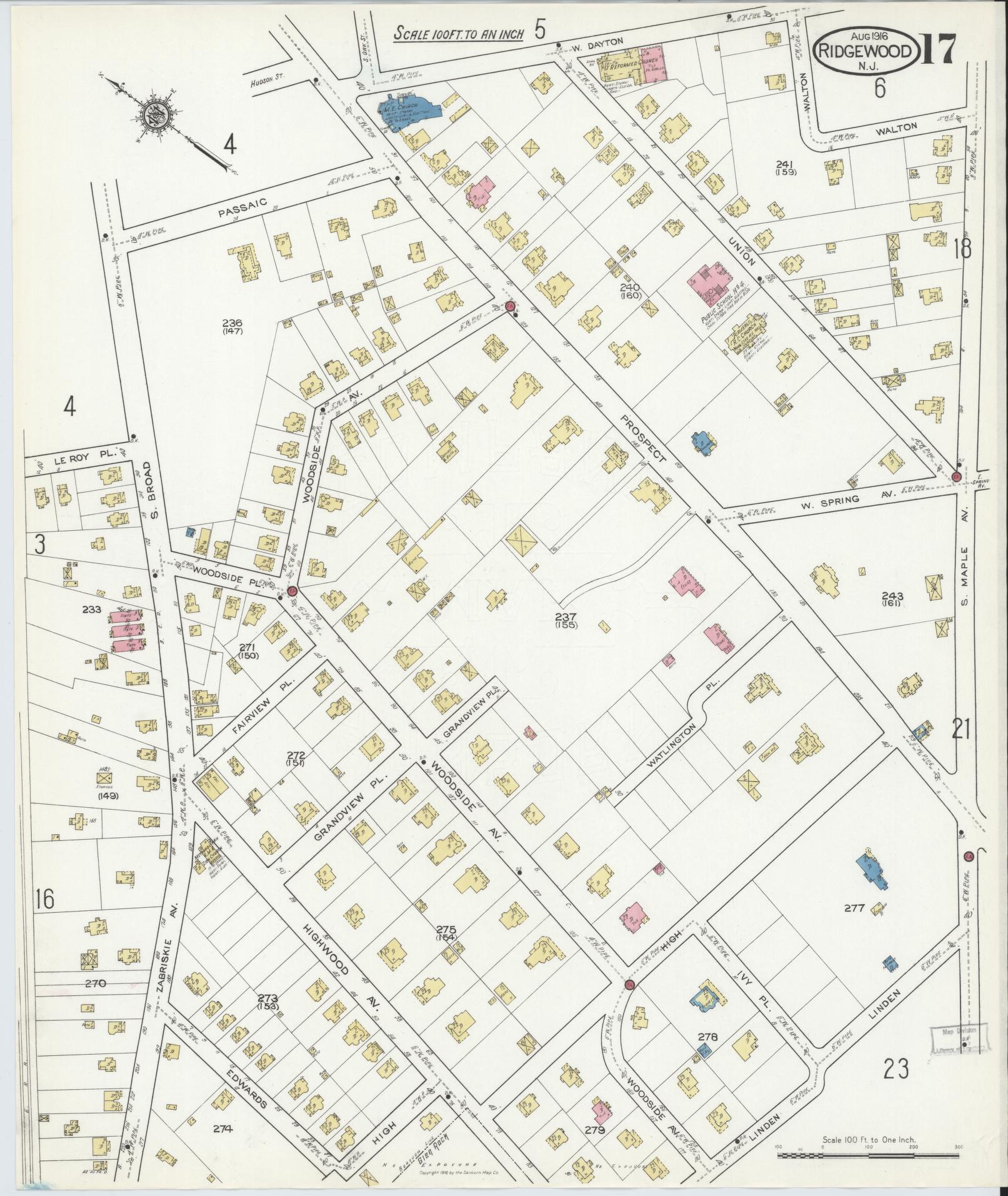 Sanborn Fire Insurance Map from Ridgewood, Bergen County, New Jersey (1916), Sheet #0017 - Complete Map Set gallery image, historic Sanborn map, vintage wall art, New Jersey New Jersey