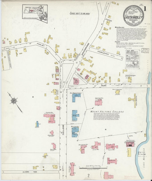 Sanborn Fire Insurance Map from South Hadley, Hampshire County, Massachusetts (1918), Sheet #0001 - Historic Sanborn Fire Insurance Map Print, vintage old map wall art, antique decor, genealogy gift, Massachusetts Massachusetts map