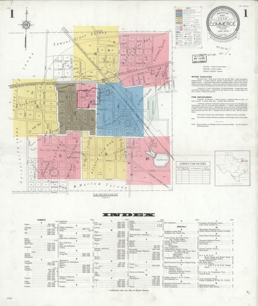 Sanborn Fire Insurance Map from Commerce, Hunt County, Texas (1933), Sheet #0001 - Complete Map Set gallery image, historic Sanborn map, vintage wall art, Texas Texas