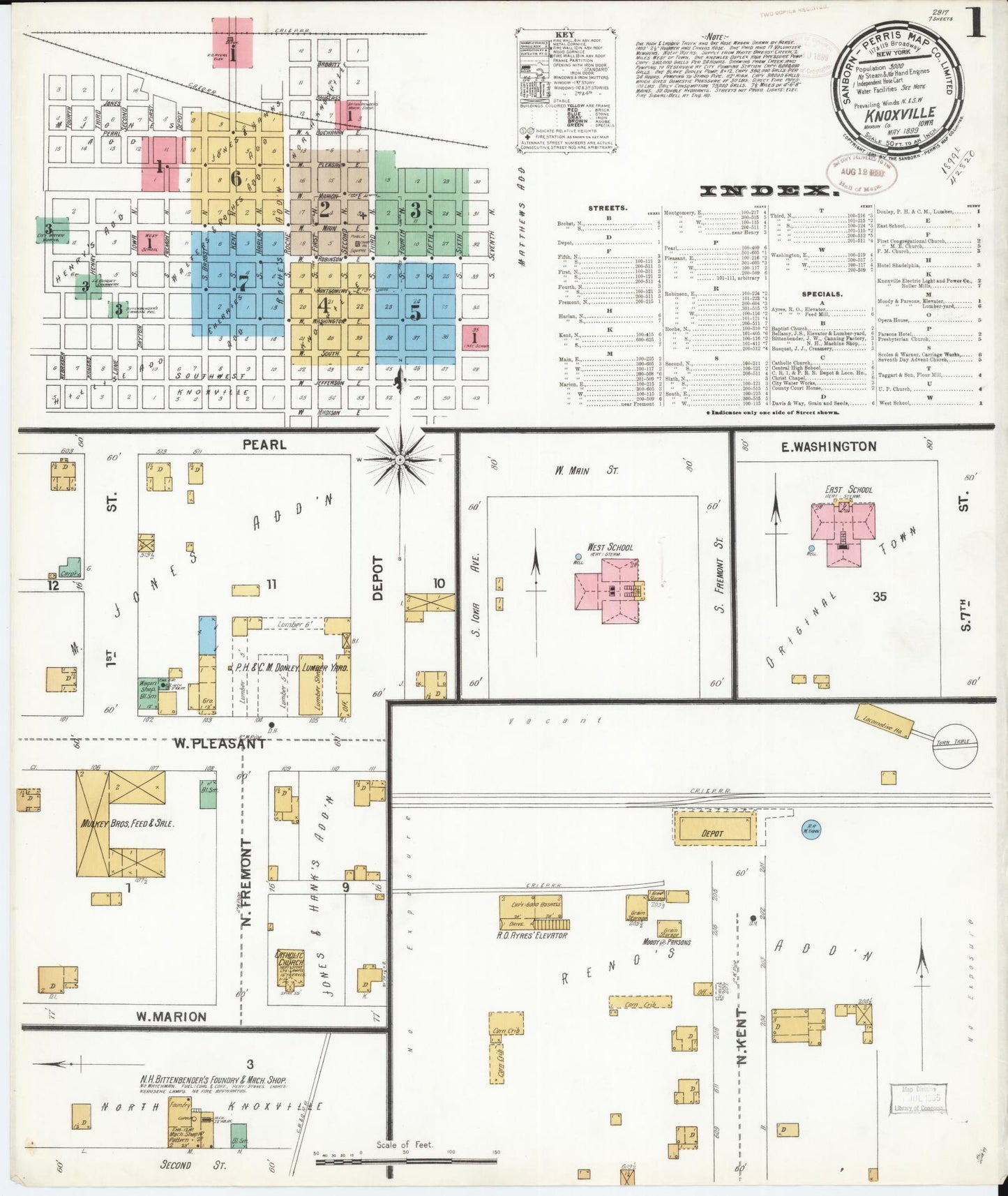 Sanborn Fire Insurance Map from Knoxville, Marion County, Iowa (1899), Sheet #0001 - Historic Sanborn Fire Insurance Map Print, vintage old map wall art