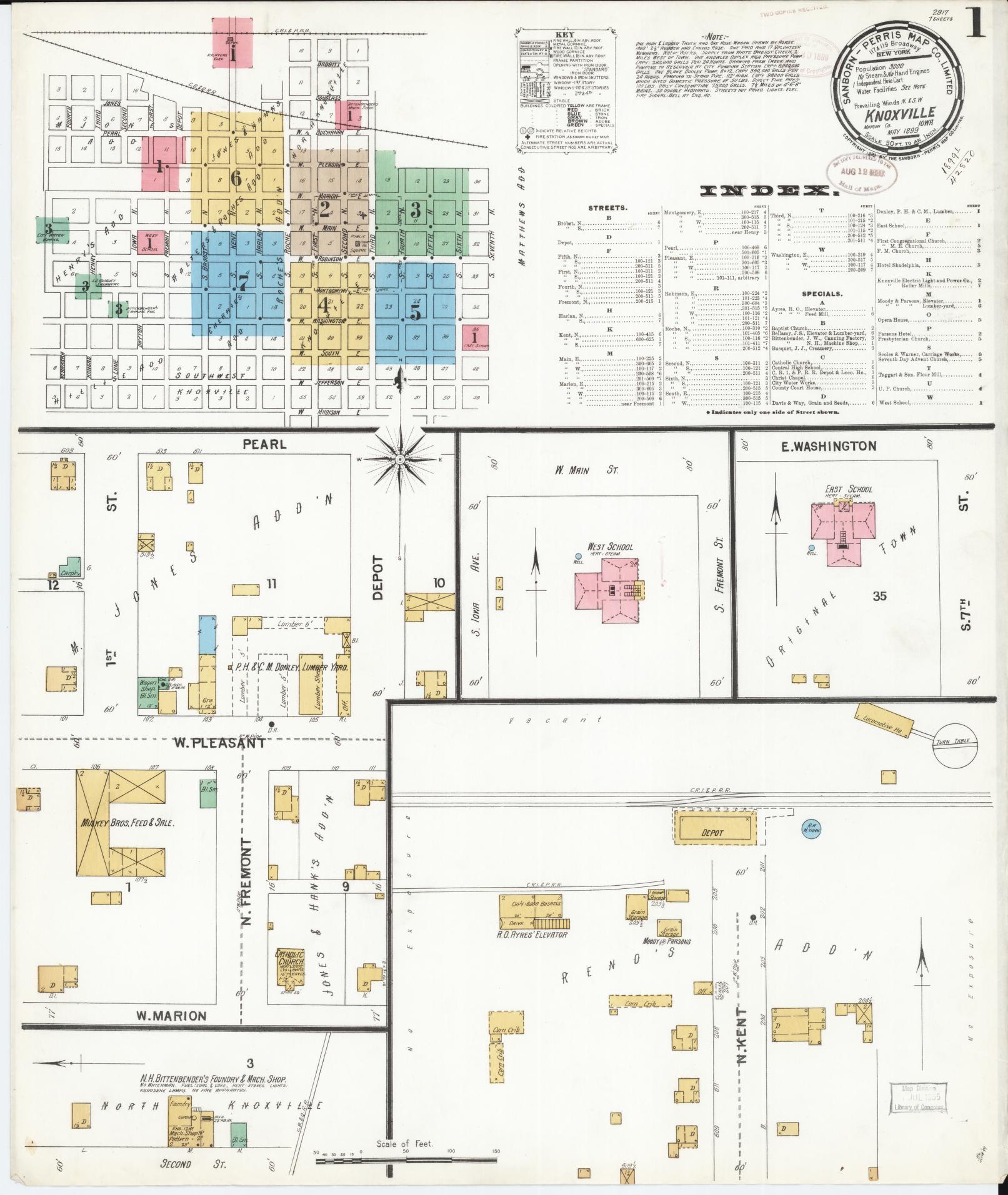 Sanborn Fire Insurance Map from Knoxville, Marion County, Iowa (1899), Sheet #0001 - Historic Sanborn Fire Insurance Map Print, vintage old map wall art