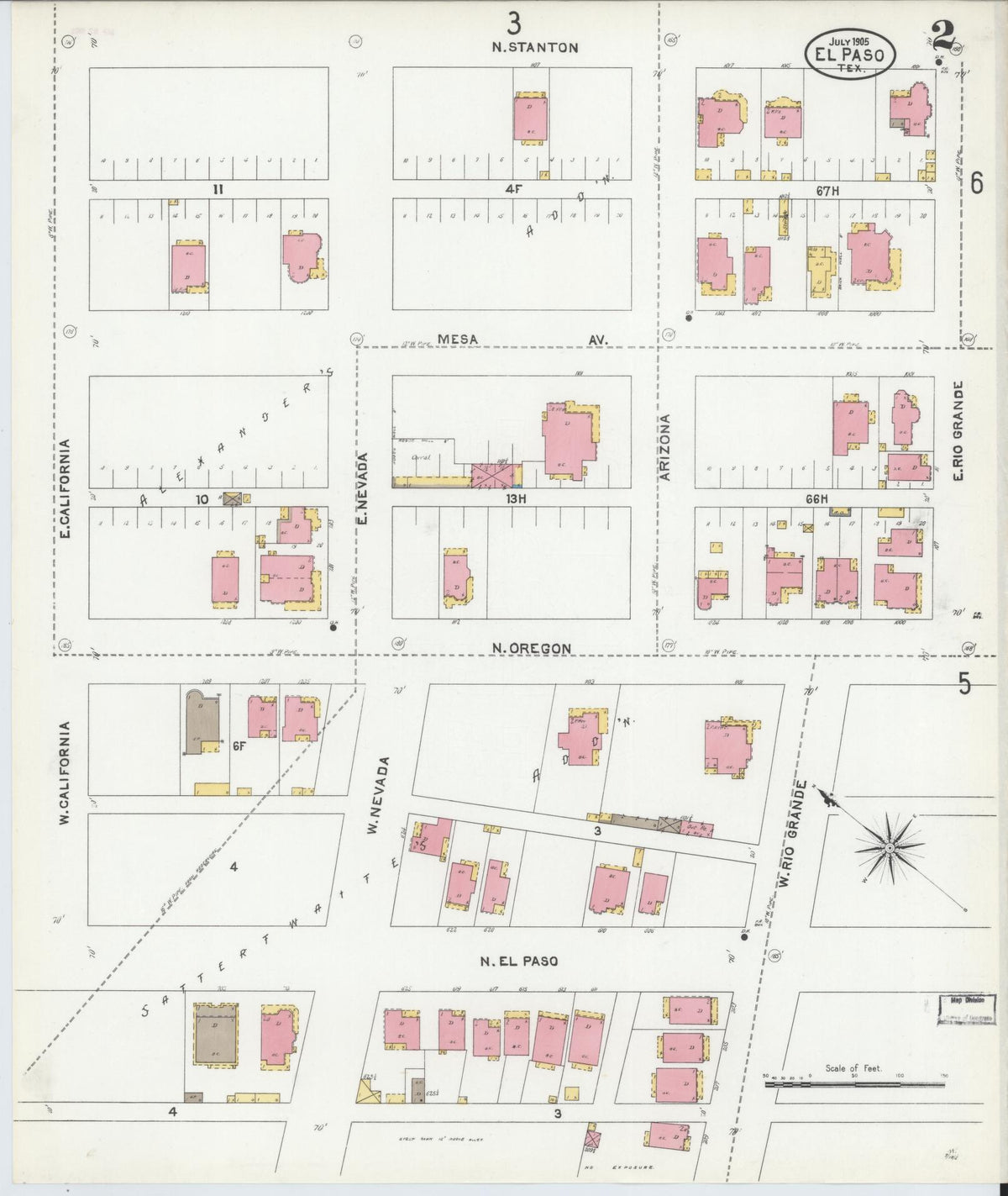 Sanborn Fire Insurance Map from El Paso, El Paso County, Texas (1905), Sheet #0002 - Historic Sanborn Fire Insurance Map Print, vintage old map wall art, antique decor, genealogy gift, Texas Texas map