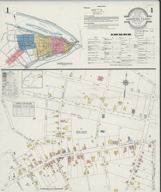 Sanborn Fire Insurance Map from Harpers Ferry, Jefferson County, West Virginia (1933), Sheet #0001 - Historic Sanborn Fire Insurance Map Print, vintage old map wall art, antique decor, genealogy gift, West Virginia West Virginia map