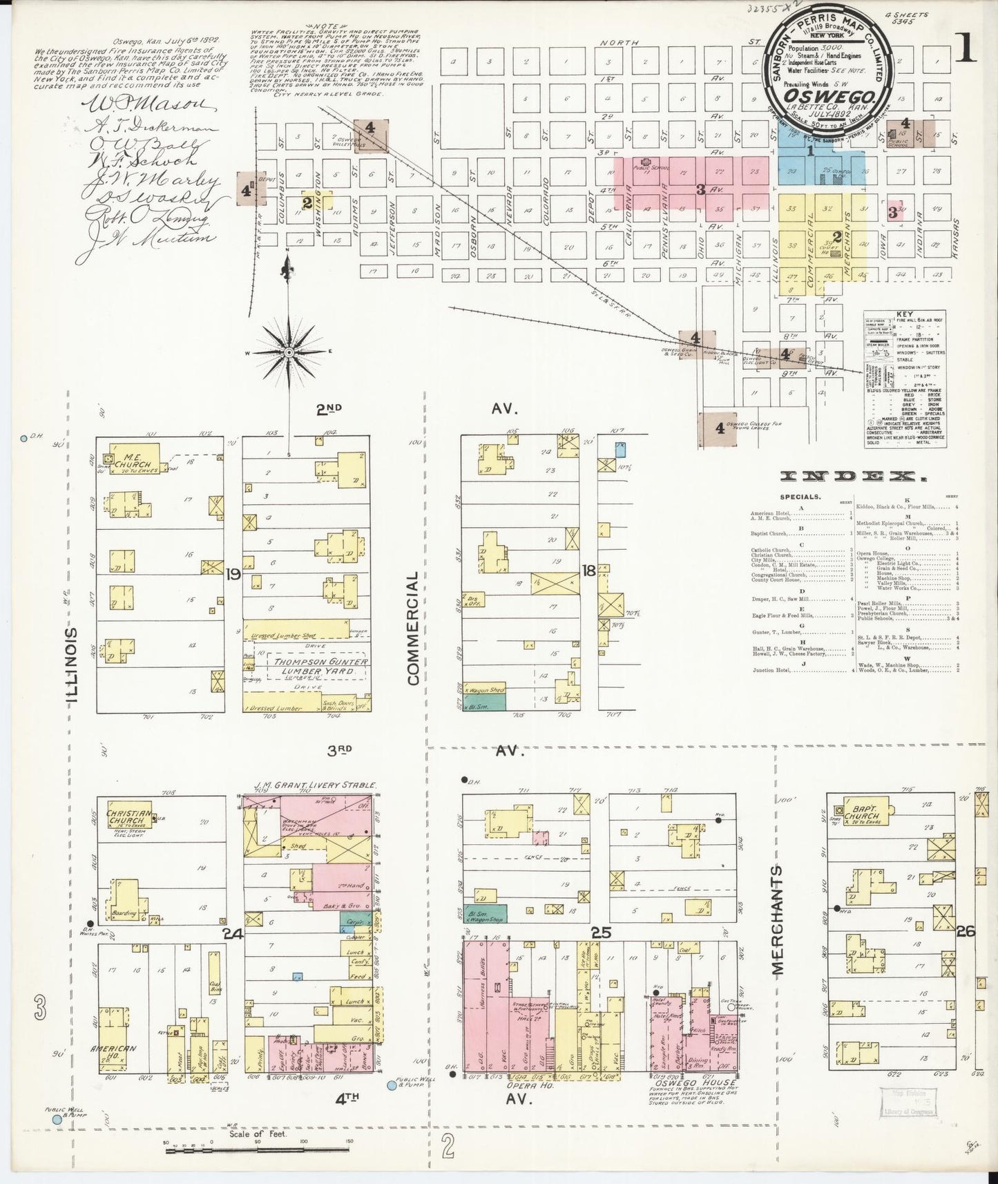 Sanborn Fire Insurance Map from Oswego, Labette County, Kansas (1892), Sheet #0001 - Complete Map Set gallery image, historic Sanborn map, vintage wall art, Kansas Kansas