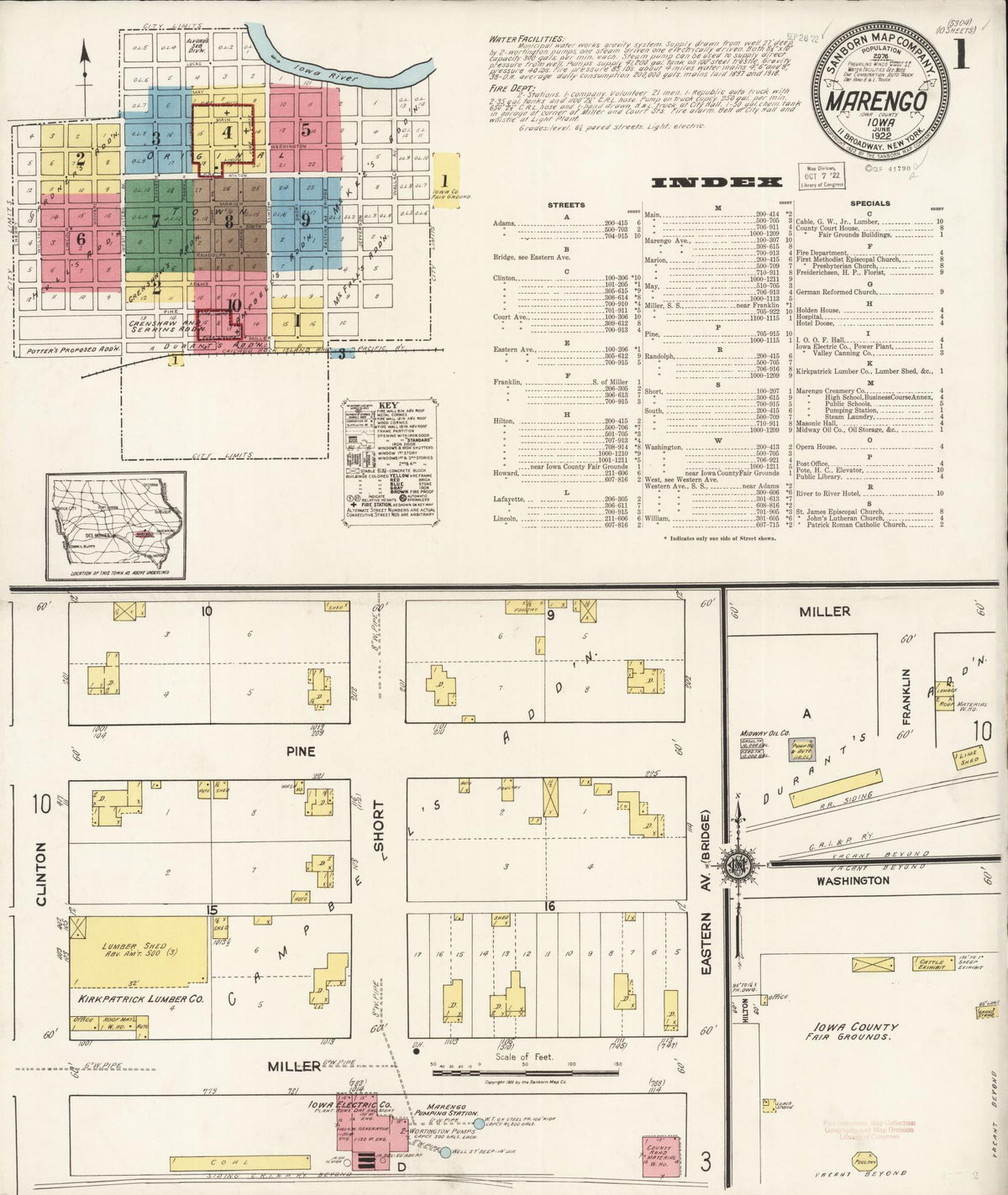 Sanborn Fire Insurance Map from Marengo, Iowa County, Iowa (1922), Sheet #0001 - Historic Sanborn Fire Insurance Map Print, vintage old map wall art