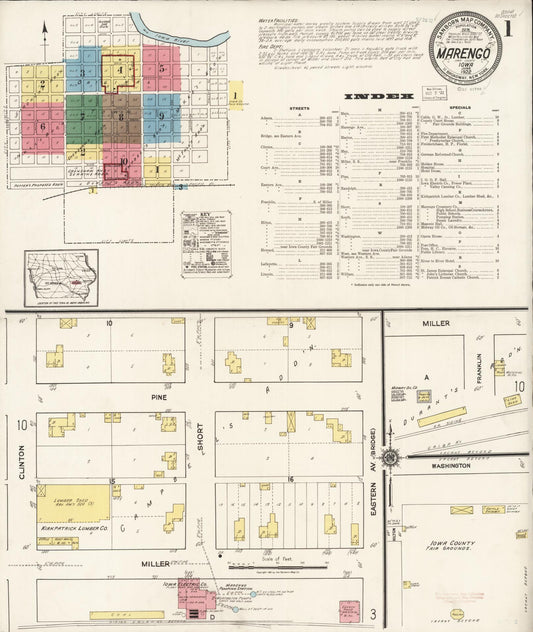 Sanborn Fire Insurance Map from Marengo, Iowa County, Iowa (1922), Sheet #0001 - Historic Sanborn Fire Insurance Map Print, vintage old map wall art