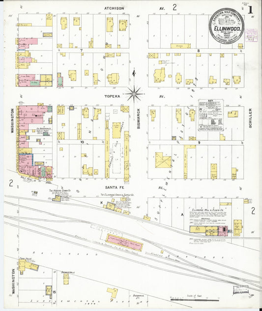 Sanborn Fire Insurance Map from Ellinwood, Barton County, Kansas (1905), Sheet #0001 - Historic Sanborn Fire Insurance Map Print, vintage old map wall art, antique decor, genealogy gift, Kansas Kansas map
