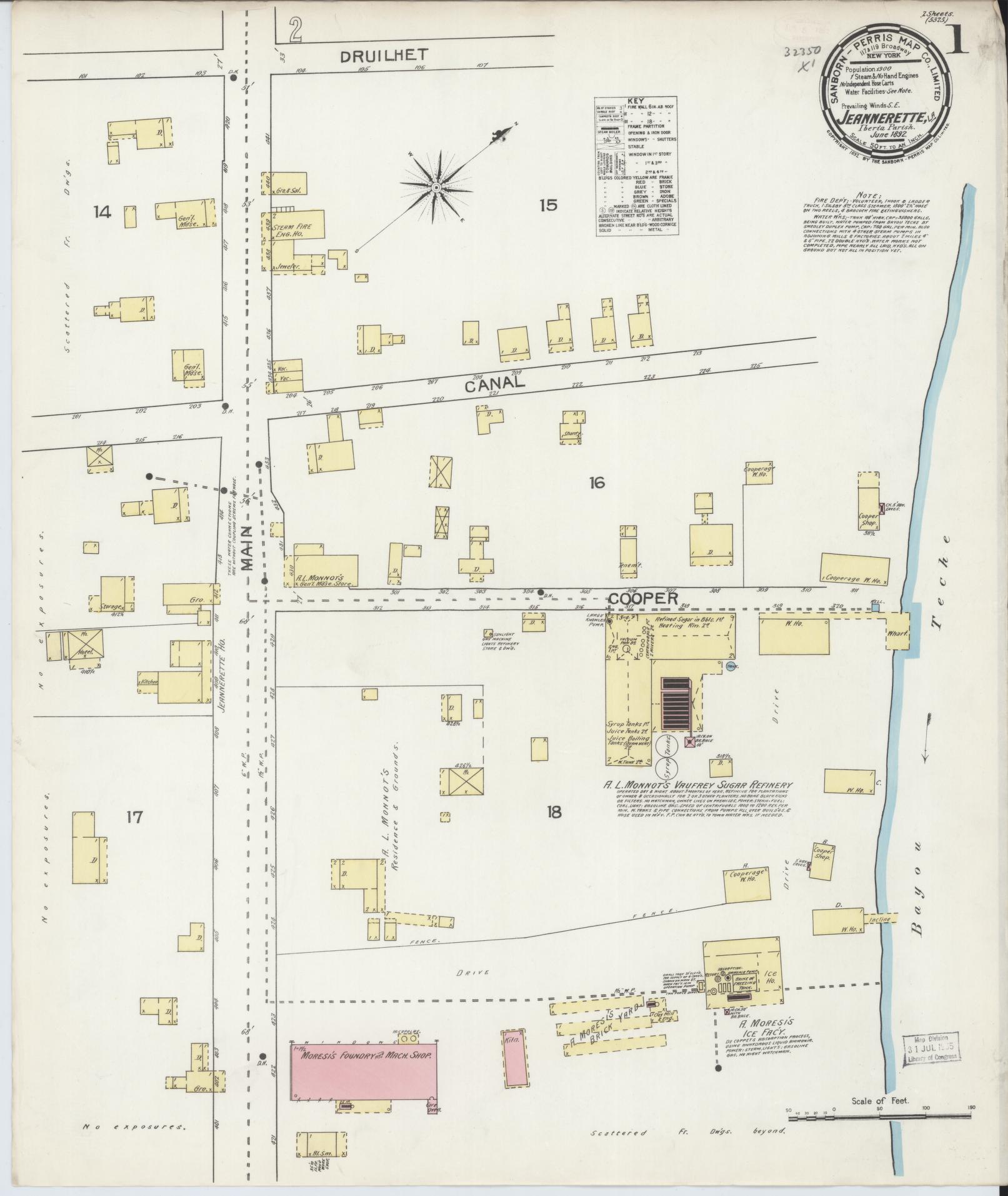 Sanborn Fire Insurance Map from Jeannerette, Iberia Parish, Louisiana (1892), Sheet #0001 - Historic Sanborn Fire Insurance Map Print, vintage old map wall art, antique decor, genealogy gift, Louisiana Louisiana map