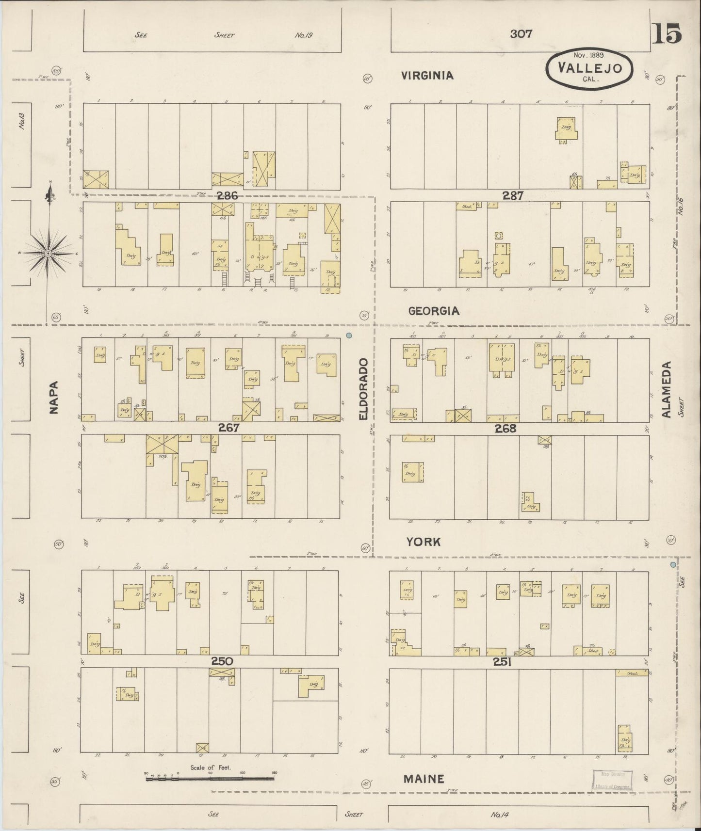 Sanborn Fire Insurance Map from Vallejo, Solano County, California (1889), Sheet #0015 - Complete Map Set gallery image, historic Sanborn map, vintage wall art, California California