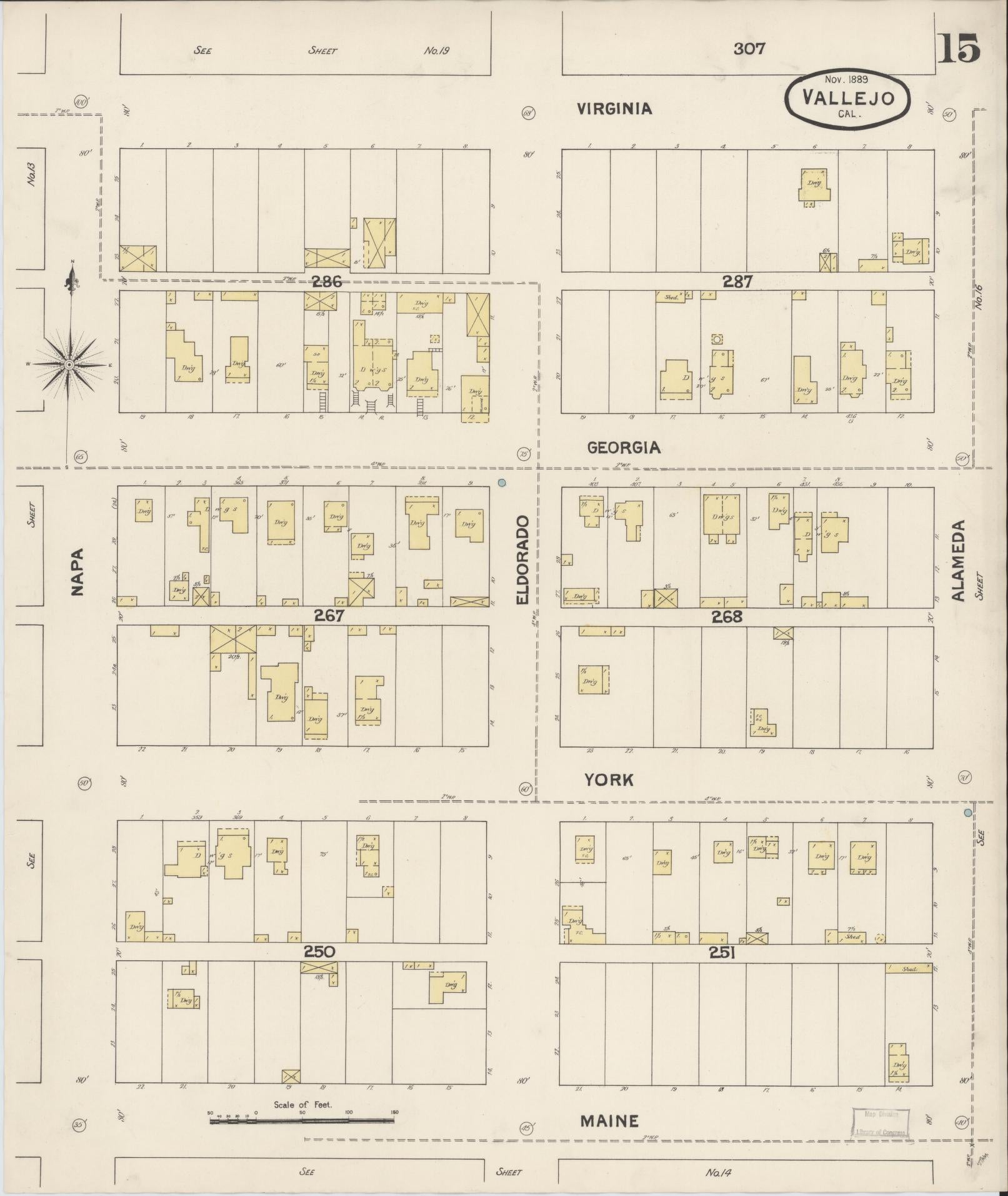 Sanborn Fire Insurance Map from Vallejo, Solano County, California (1889), Sheet #0015 - Complete Map Set gallery image, historic Sanborn map, vintage wall art, California California
