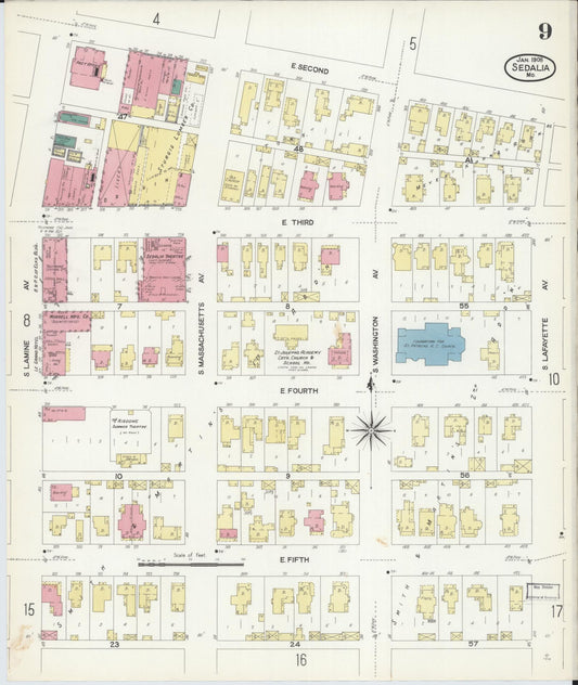 Sanborn Fire Insurance Map from Sedalia, Pettis County, Missouri (1908), Sheet #0009 - Historic Sanborn Fire Insurance Map Print, vintage old map wall art, antique decor, genealogy gift, Missouri Missouri map