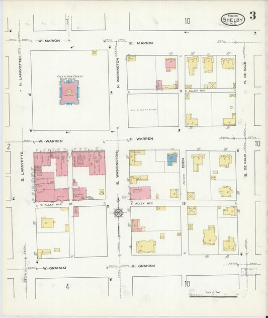 Sanborn Fire Insurance Map from Shelby, Cleveland County, North Carolina (1916), Sheet #0003 - Historic Sanborn Fire Insurance Map Print, vintage old map wall art, antique decor, genealogy gift, North Carolina North Carolina map