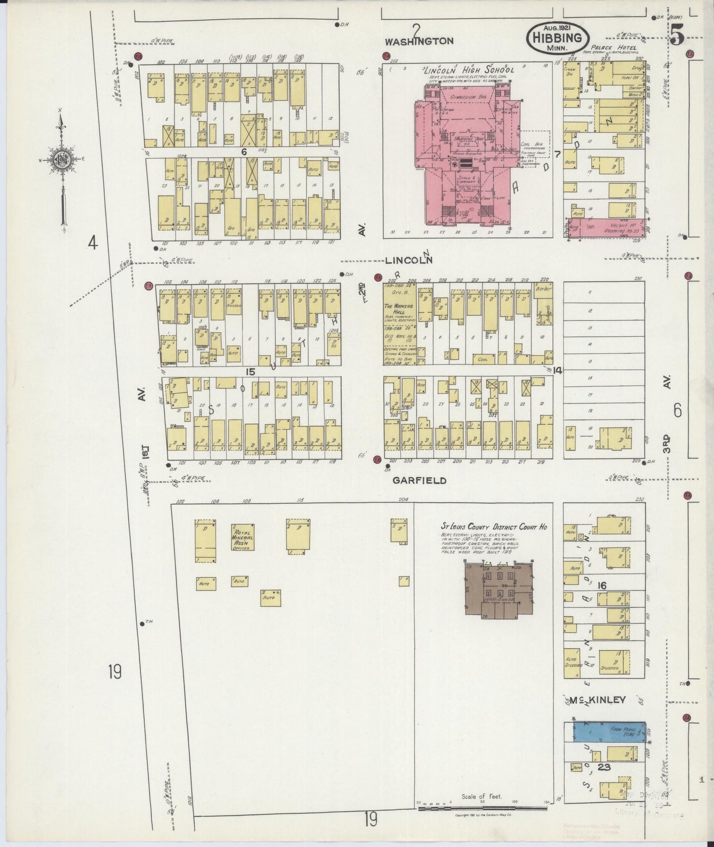 Sanborn Fire Insurance Map from Hibbing, Saint Louis County, Minnesota (1921), Sheet #0005 - Historic Sanborn Fire Insurance Map Print, vintage old map wall art, antique decor, genealogy gift, Minnesota Minnesota map