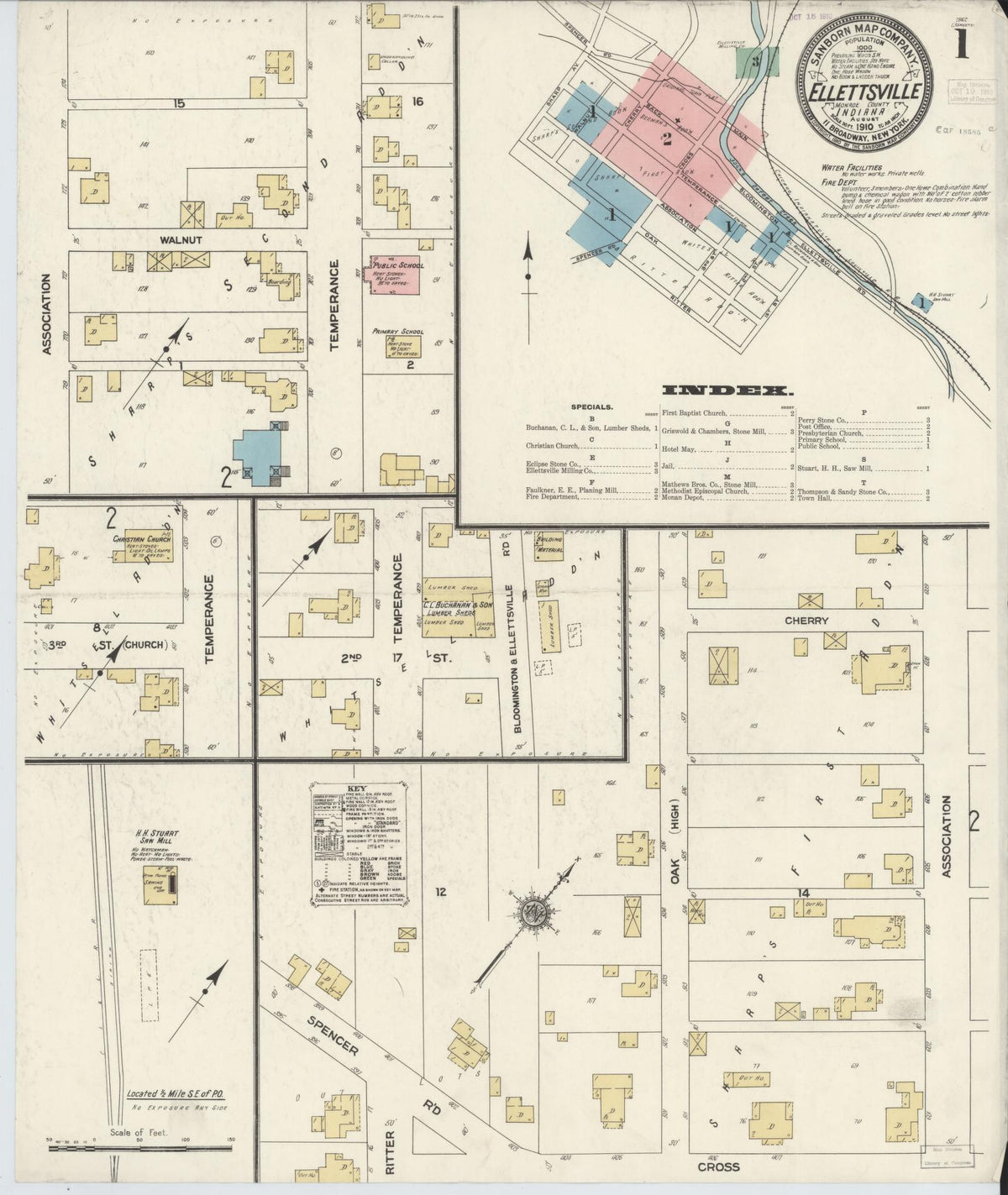 Sanborn Fire Insurance Map from Ellettsville, Monroe County, Indiana (1910), Sheet #0001 - Historic Sanborn Fire Insurance Map Print, vintage old map wall art, antique decor, genealogy gift, Indiana Indiana map