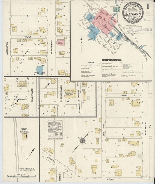 Sanborn Fire Insurance Map from Ellettsville, Monroe County, Indiana (1910), Sheet #0001 - Historic Sanborn Fire Insurance Map Print, vintage old map wall art, antique decor, genealogy gift, Indiana Indiana map