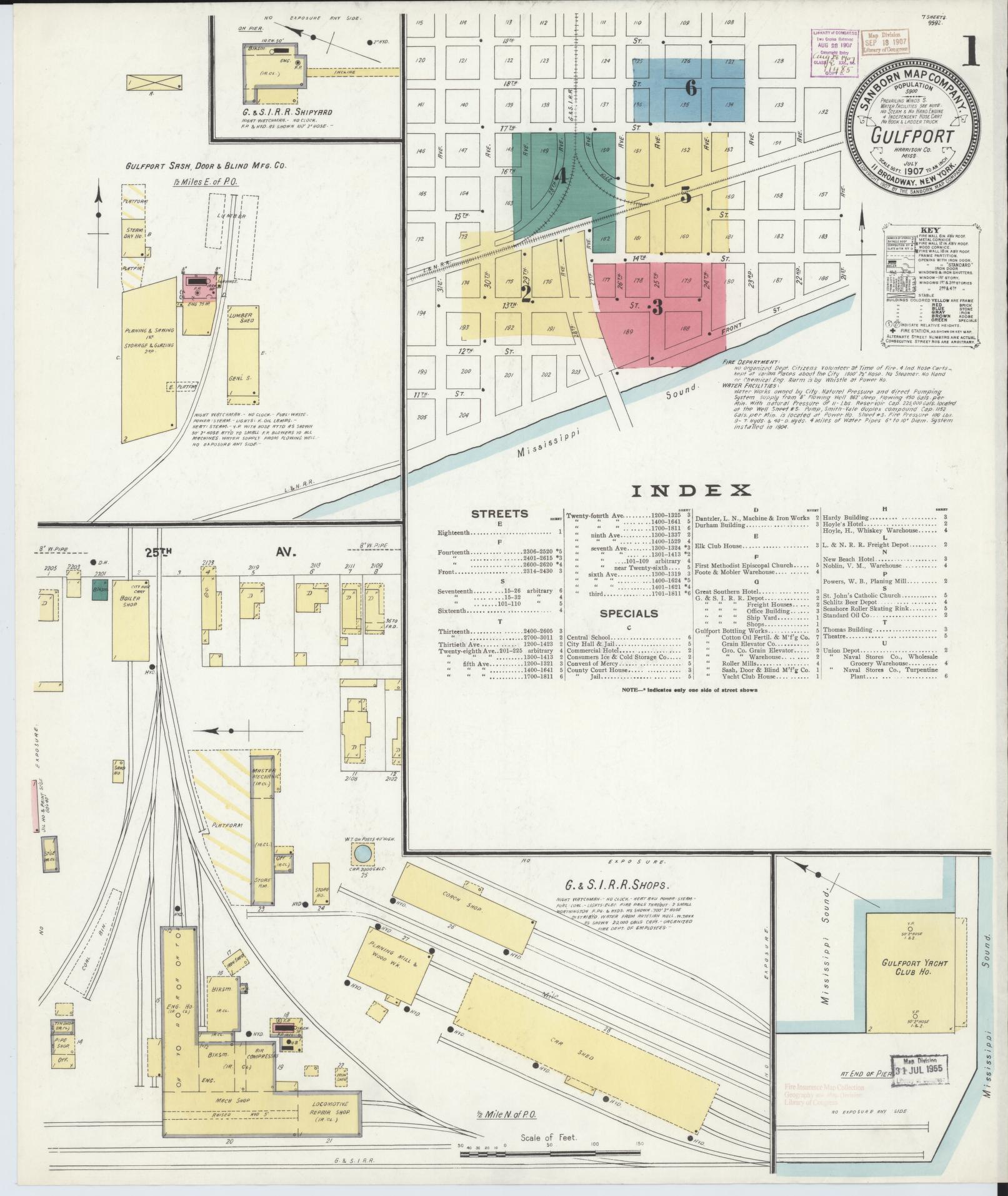 Sanborn Fire Insurance Map from Gulfport, Harrison County, Mississippi (1907), Sheet #0001 - Historic Sanborn Fire Insurance Map Print, vintage old map wall art, antique decor, genealogy gift, Mississippi Mississippi map
