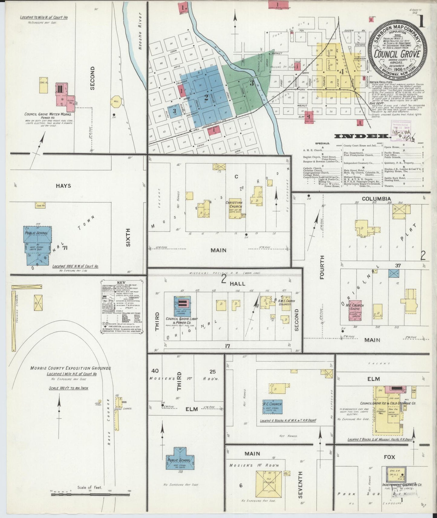 Sanborn Fire Insurance Map from Council Grove, Morris County, Kansas (1908), Sheet #0001 - Historic Sanborn Fire Insurance Map Print, vintage old map wall art, antique decor, genealogy gift, Kansas Kansas map