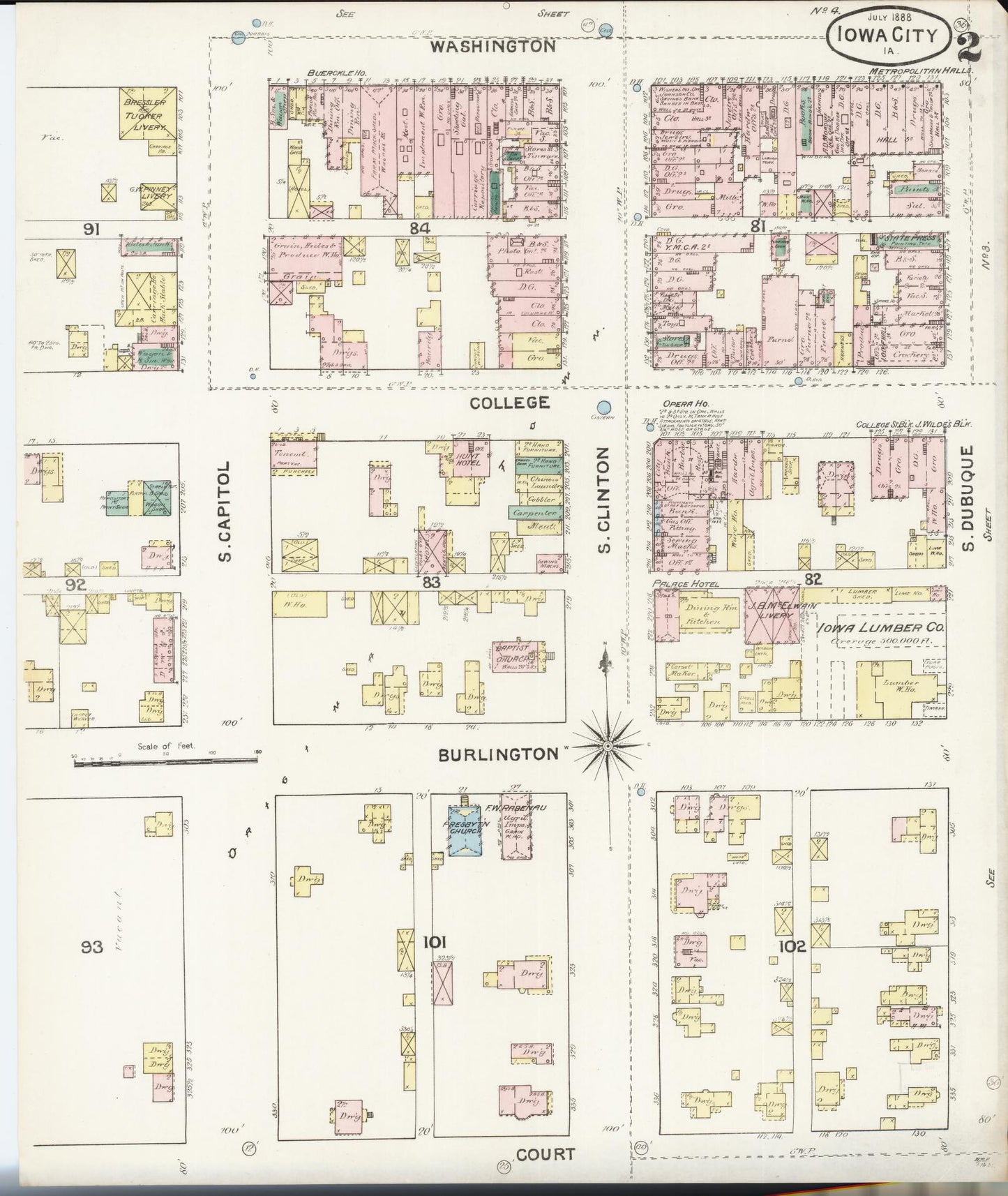 Sanborn Fire Insurance Map from Iowa City, Johnson County, Iowa (1888), Sheet #0002 - Historic Sanborn Fire Insurance Map Print, vintage old map wall art