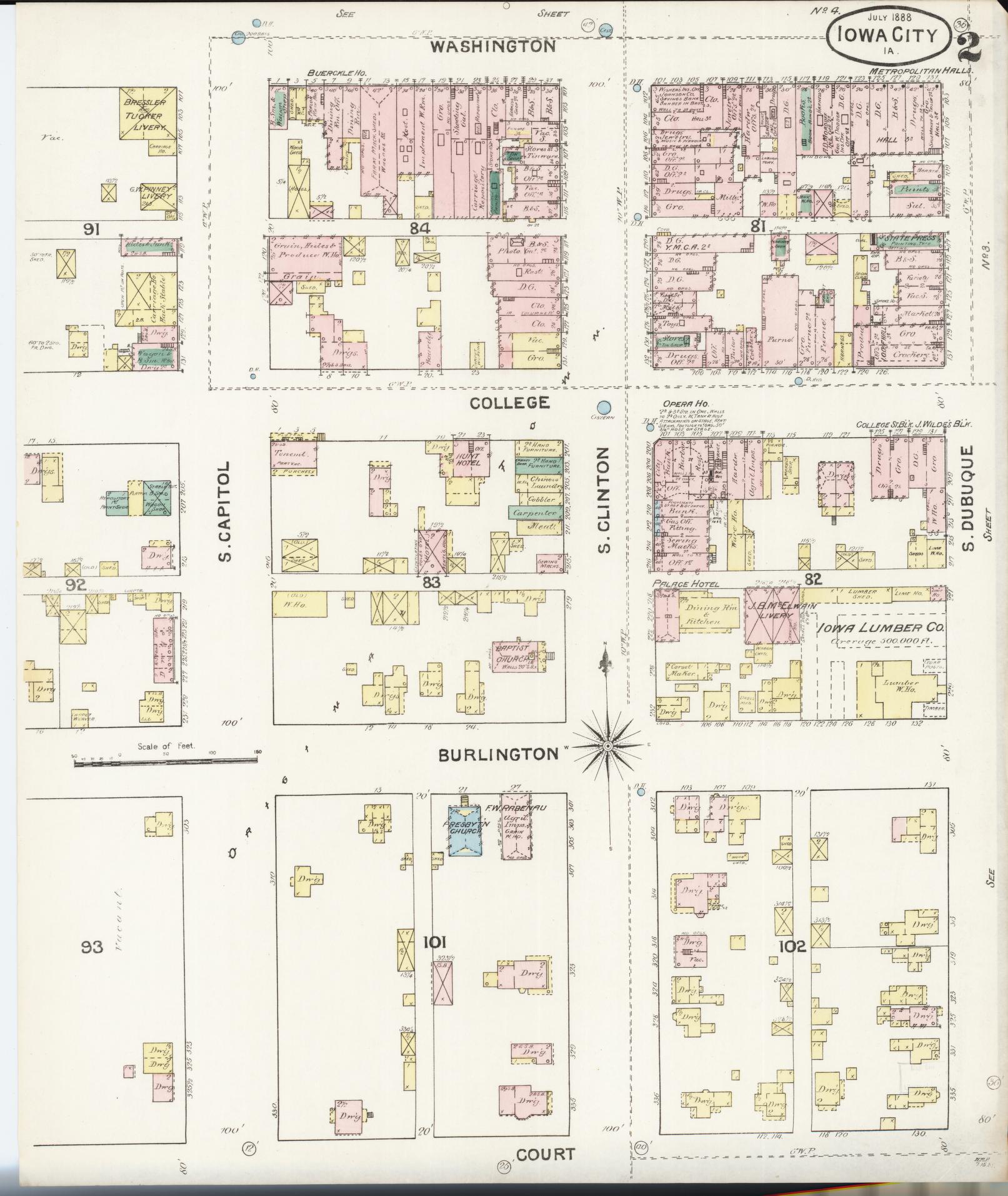 Sanborn Fire Insurance Map from Iowa City, Johnson County, Iowa (1888), Sheet #0002 - Historic Sanborn Fire Insurance Map Print, vintage old map wall art