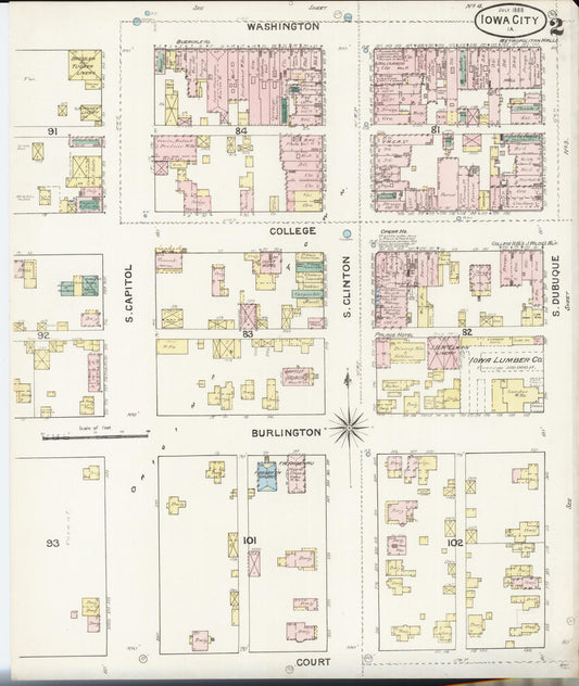 Sanborn Fire Insurance Map from Iowa City, Johnson County, Iowa (1888), Sheet #0002 - Historic Sanborn Fire Insurance Map Print, vintage old map wall art