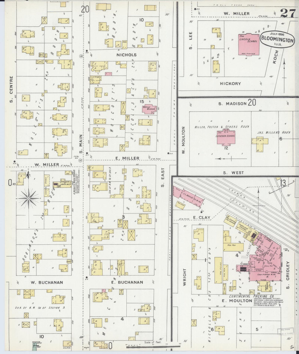 Sanborn Fire Insurance Map from Bloomington, McLean County, Illinois (1896), Sheet #0027 - Complete Map Set gallery image, historic Sanborn map, vintage wall art, Illinois Illinois