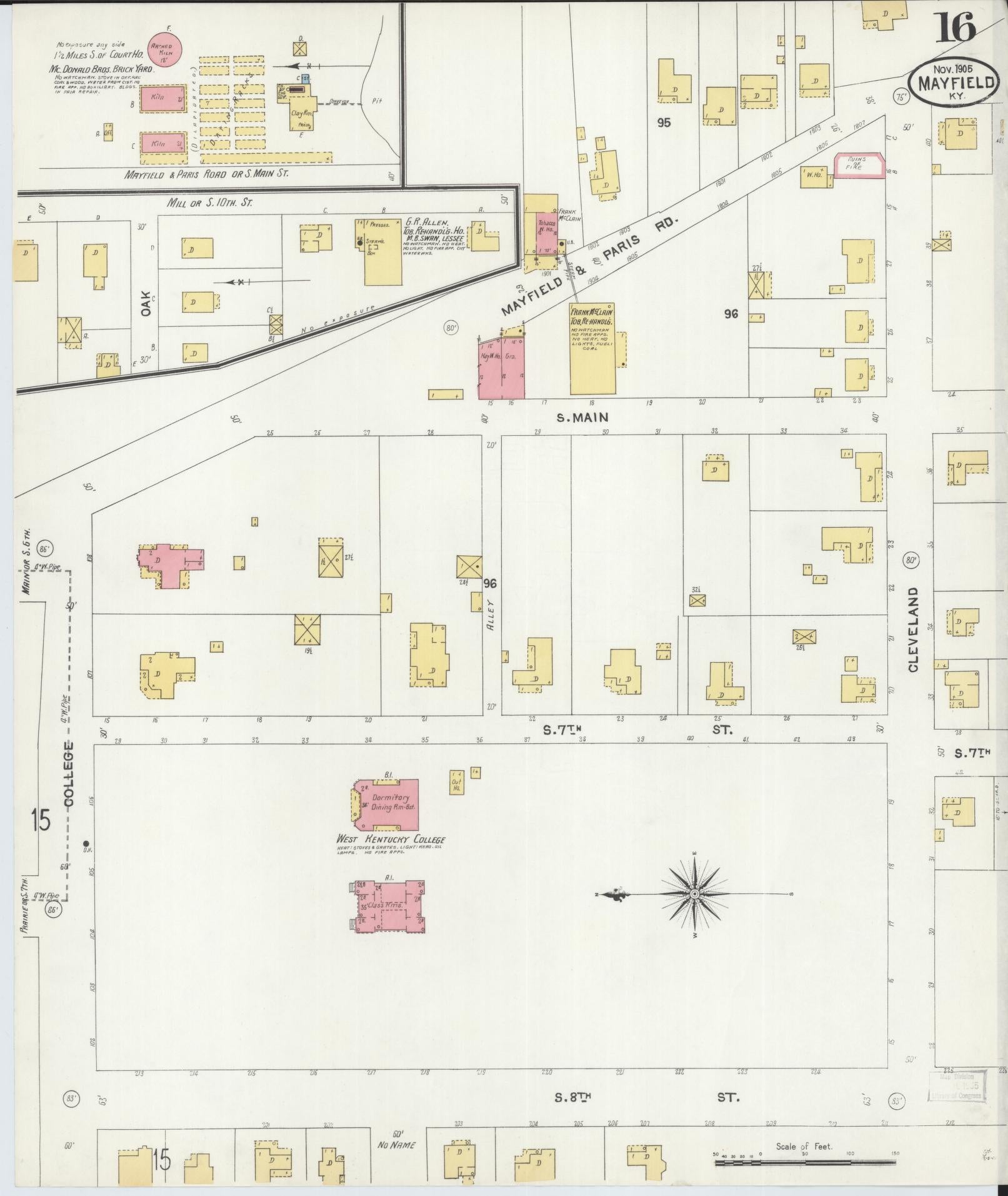 Sanborn Fire Insurance Map from Mayfield, Graves County, Kentucky (1905), Sheet #0016 - Complete Map Set gallery image, historic Sanborn map, vintage wall art, Kentucky Kentucky