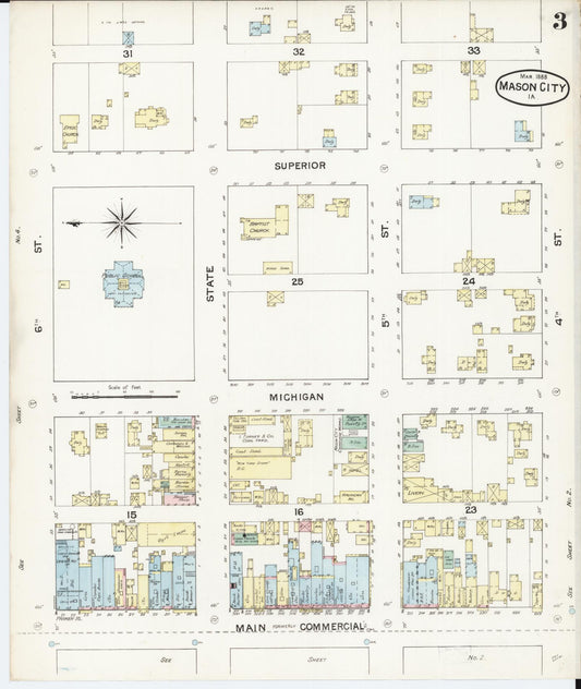 Sanborn Fire Insurance Map from Mason City, Cerro Gordo County, Iowa (1888), Sheet #0003 - Historic Sanborn Fire Insurance Map Print, vintage old map wall art