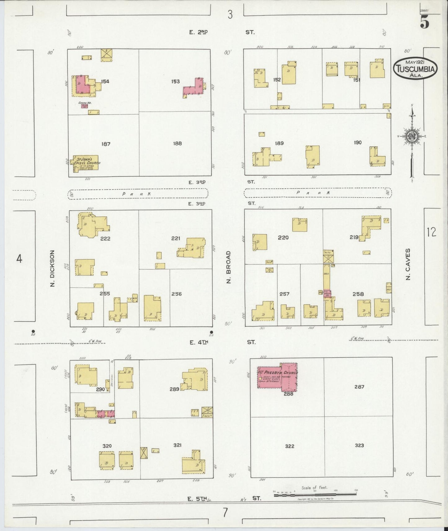 Sanborn Fire Insurance Map from Tuscumbia, Colbert County, Alabama (1921), Sheet #0005 - Complete Map Set gallery image, historic Sanborn map, vintage wall art, Alabama Alabama