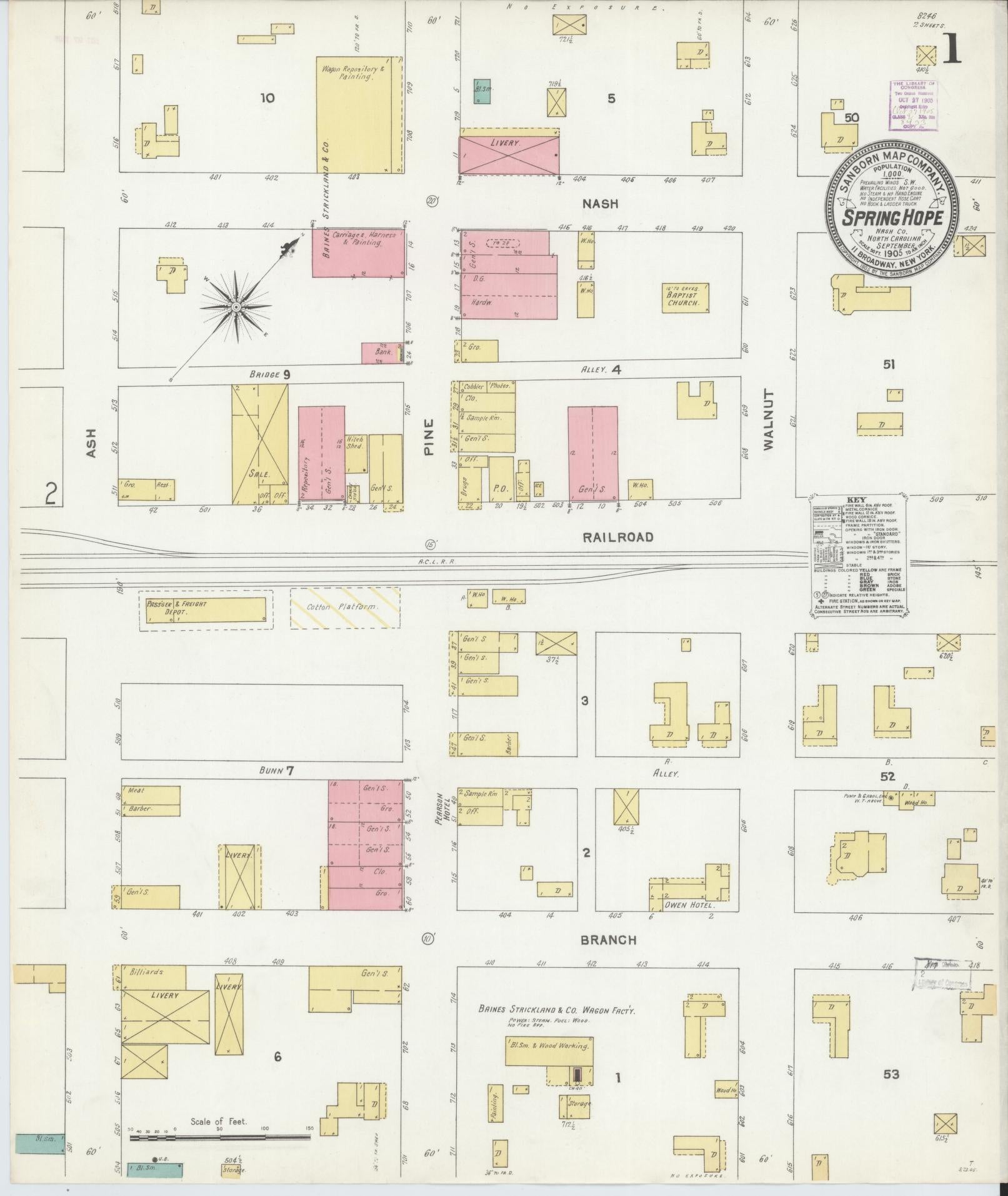Sanborn Fire Insurance Map from Spring Hope, Nash County, North Carolina (1905), Sheet #0001 - Complete Map Set gallery image, historic Sanborn map, vintage wall art, North Carolina North Carolina
