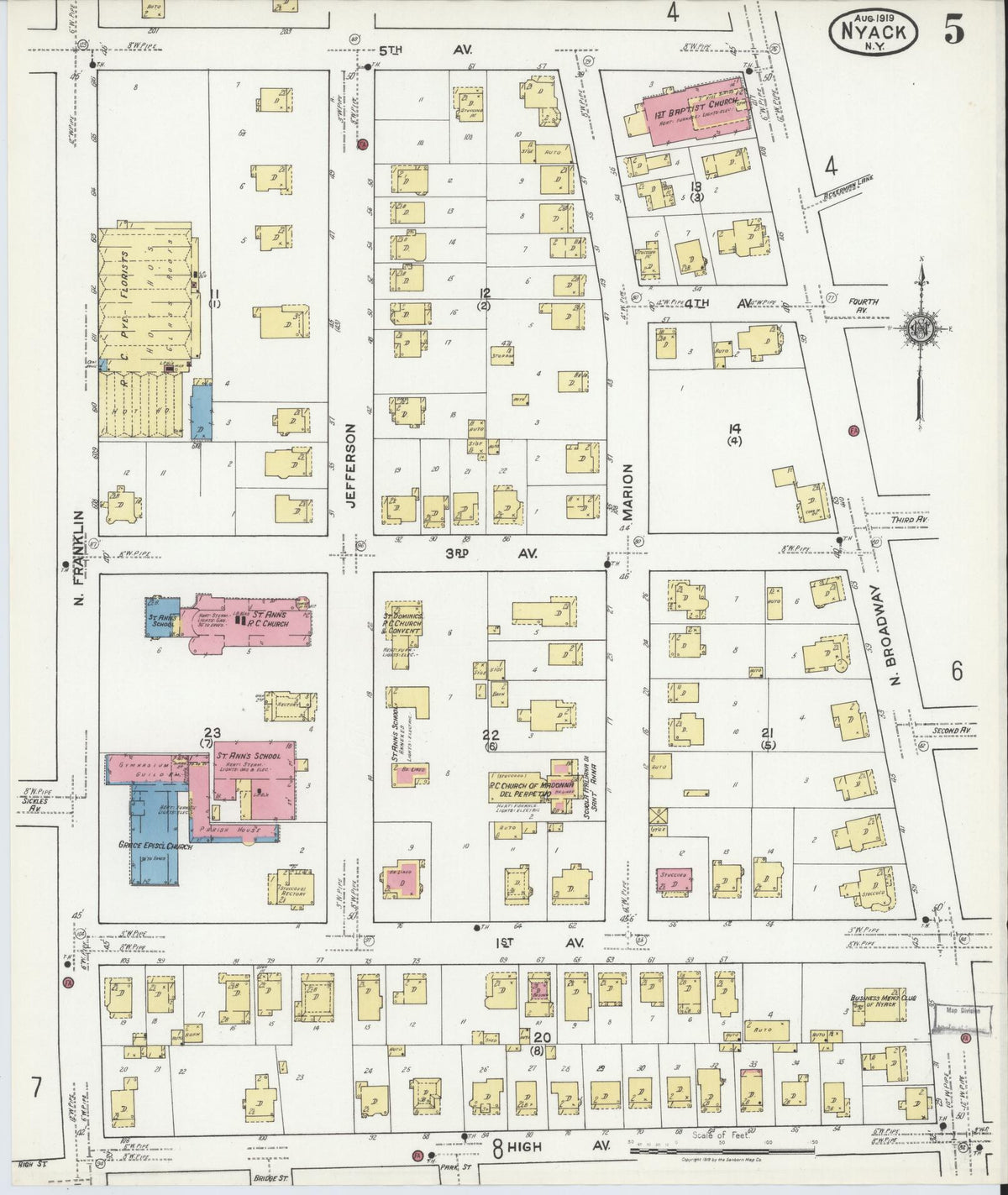 Sanborn Fire Insurance Map from Nyack, Rockland County, New York (1919), Sheet #0005 - Historic Sanborn Fire Insurance Map Print, vintage old map wall art, antique decor, genealogy gift, New York New York map