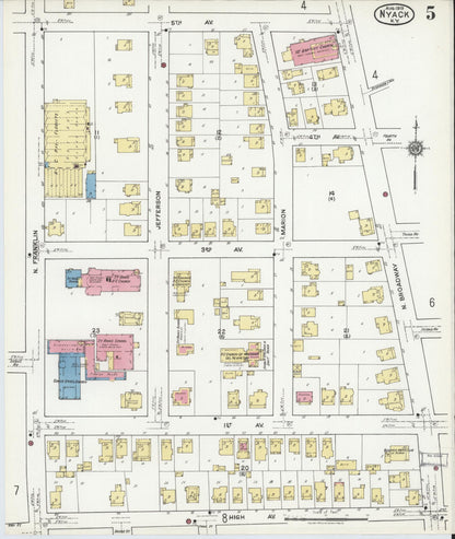 Sanborn Fire Insurance Map from Nyack, Rockland County, New York (1919), Sheet #0005 - Historic Sanborn Fire Insurance Map Print, vintage old map wall art, antique decor, genealogy gift, New York New York map