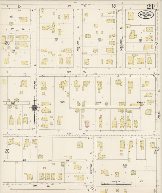 Sanborn Fire Insurance Map from Medford, Jackson County, Oregon (1911), Sheet #0021 - Historic Sanborn Fire Insurance Map Print, vintage old map wall art, antique decor, genealogy gift, Oregon Oregon map
