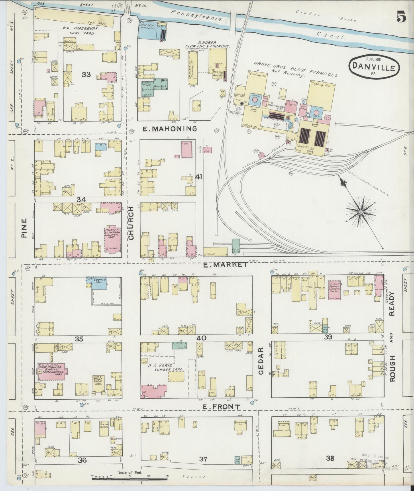 Sanborn Fire Insurance Map from Danville, Montour County, Pennsylvania (1891), Sheet #0005 - Historic Sanborn Fire Insurance Map Print, vintage old map wall art, antique decor, genealogy gift, Pennsylvania Pennsylvania map