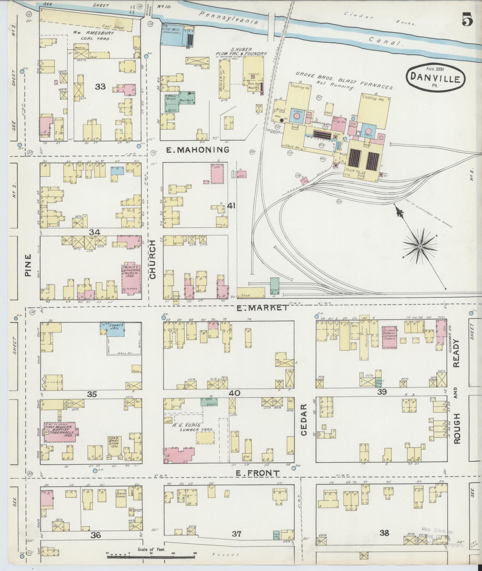 Sanborn Fire Insurance Map from Danville, Montour County, Pennsylvania (1891), Sheet #0005 - Historic Sanborn Fire Insurance Map Print, vintage old map wall art, antique decor, genealogy gift, Pennsylvania Pennsylvania map