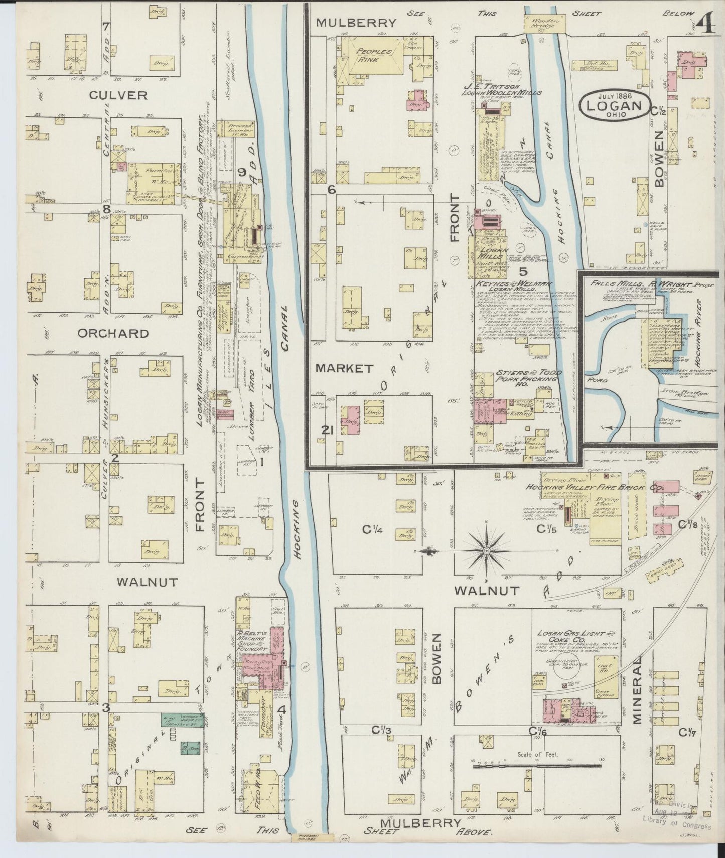 Sanborn Fire Insurance Map from Logan, Hocking County, Ohio (1886), Sheet #0004 - Historic Sanborn Fire Insurance Map Print, vintage old map wall art, antique decor, genealogy gift, Ohio Ohio map